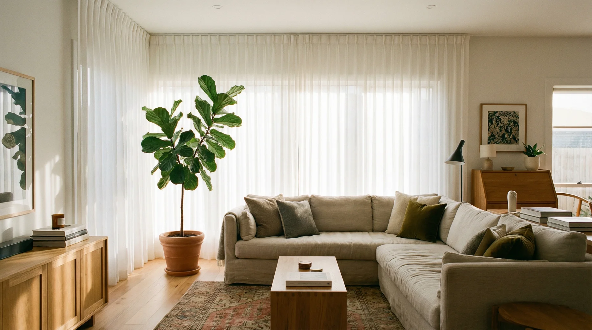 Sheer curtains on a sunlit living room window diffusing natural light softly
