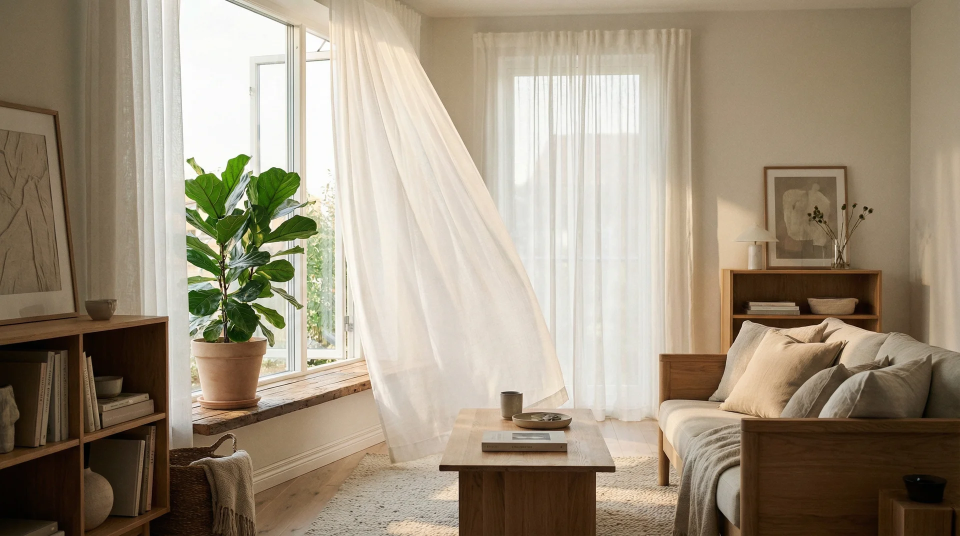 Sheer white voile curtains in a sunlit living room softening natural daylight
