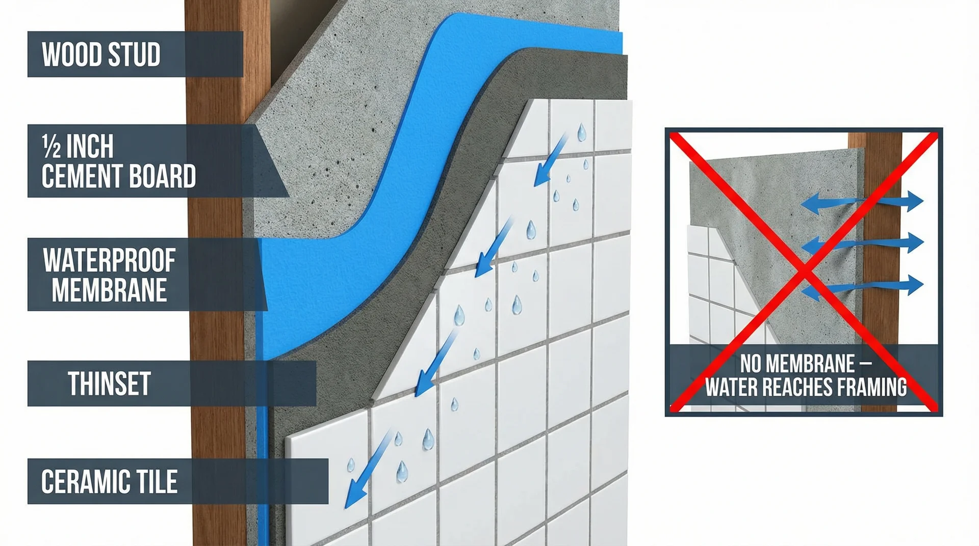 Shower wall cross-section showing waterproof membrane blocking moisture before it reaches wood framing behind cement board