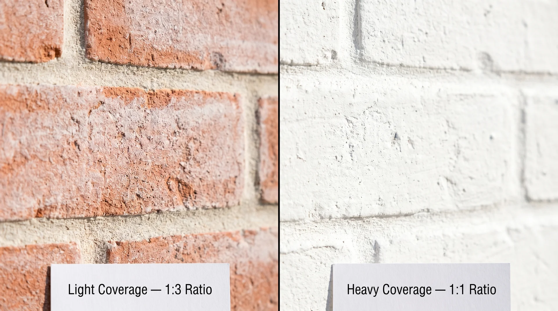 Side-by-side brick sections comparing light whitewash coverage on left and heavy coverage on right with ratio labels