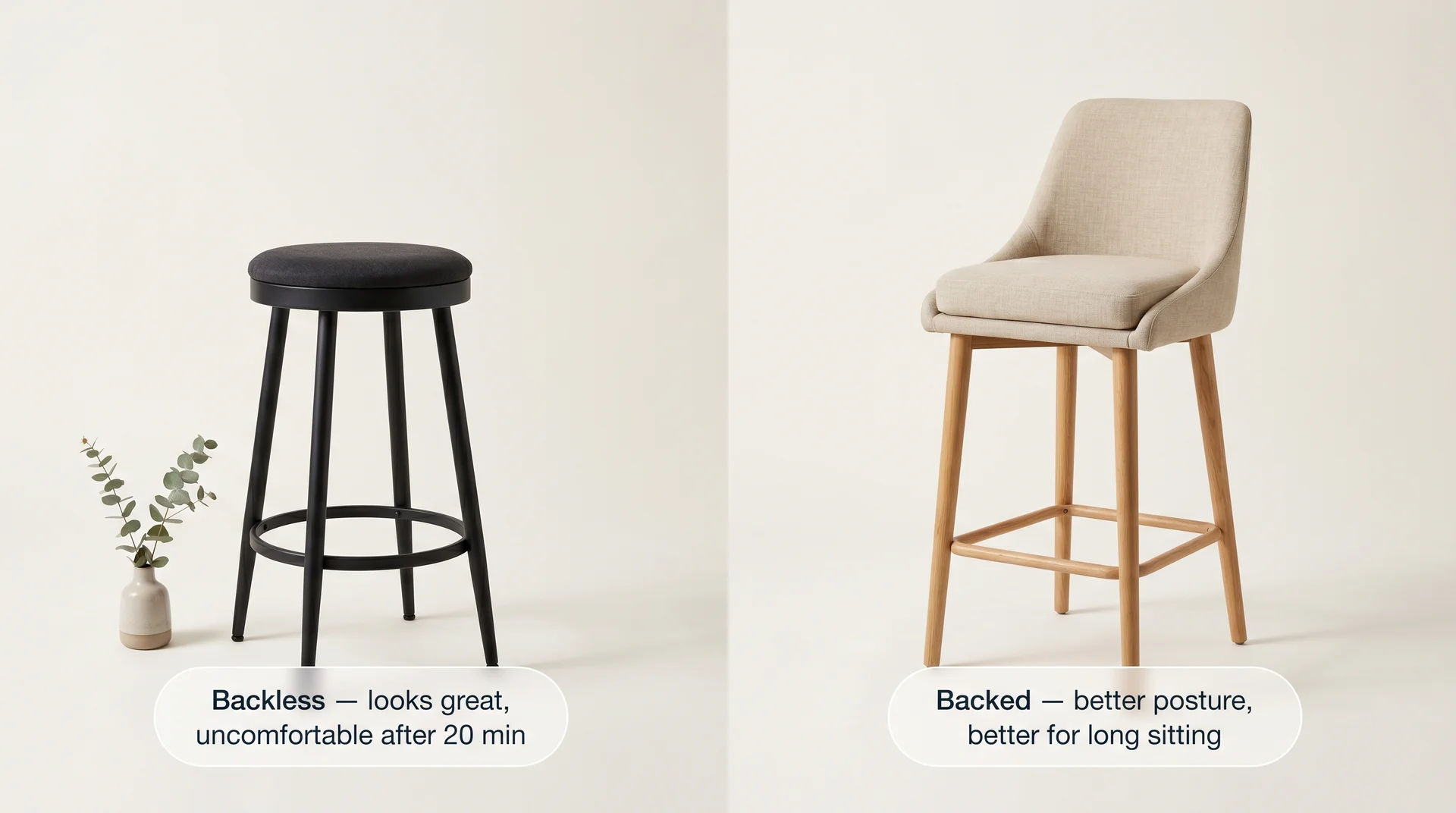 Side-by-side comparison of a backless kitchen stool versus a backed stool showing comfort and posture differences
