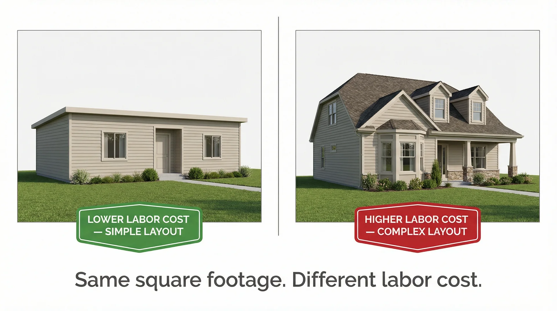 Side-by-side comparison of a simple ranch home versus a complex two-story home showing how architectural shape increases siding labor cost