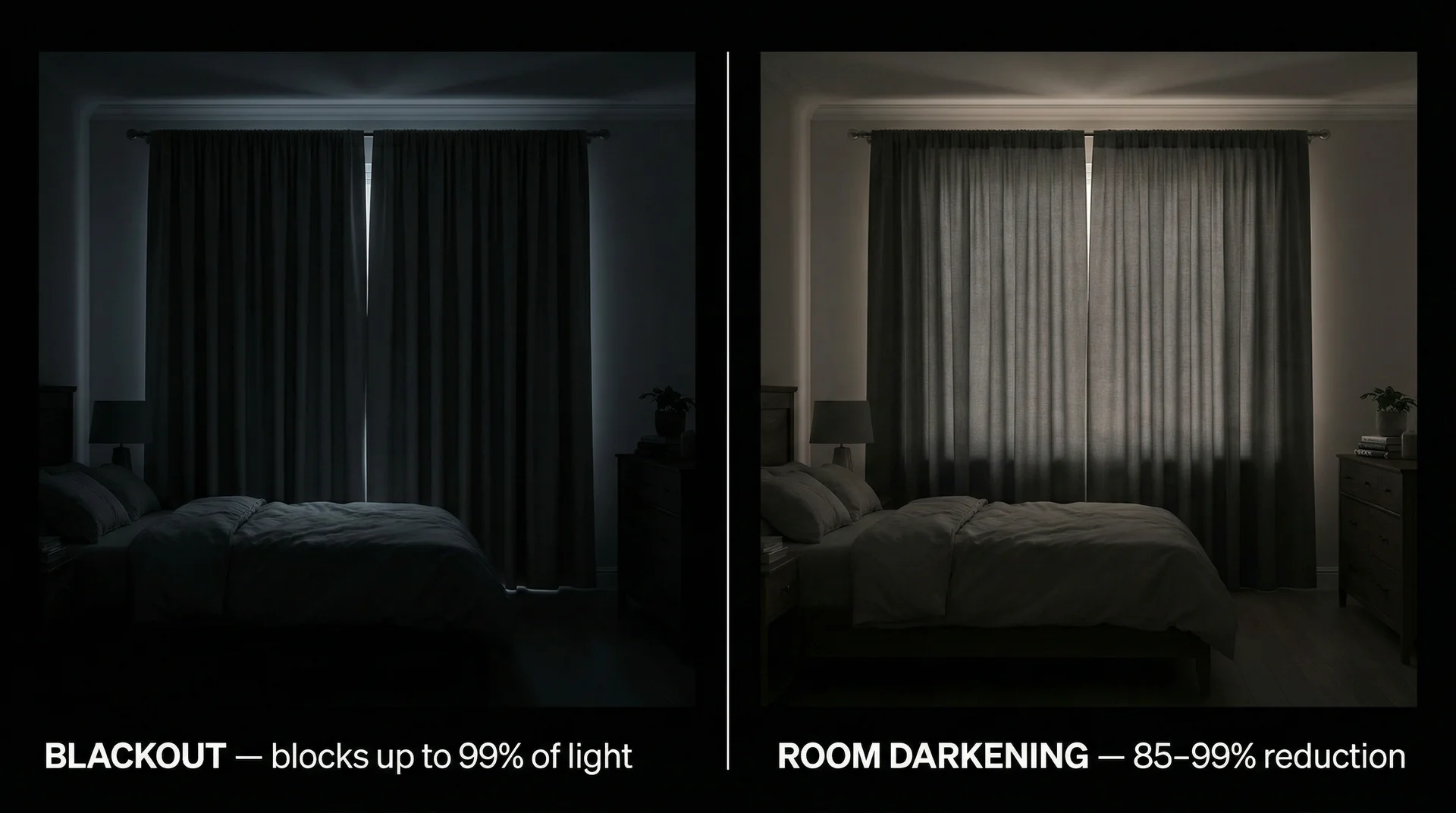 Side-by-side comparison of blackout curtains vs room darkening curtains showing light difference
