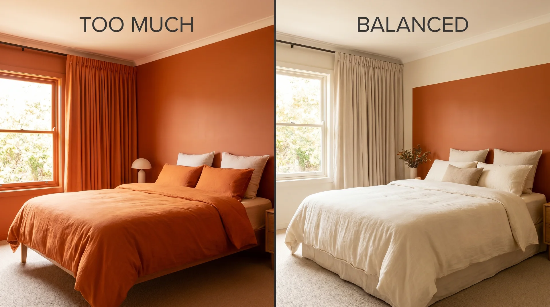 Side-by-side comparison of burnt orange used on all walls versus headboard wall only in a bedroom 