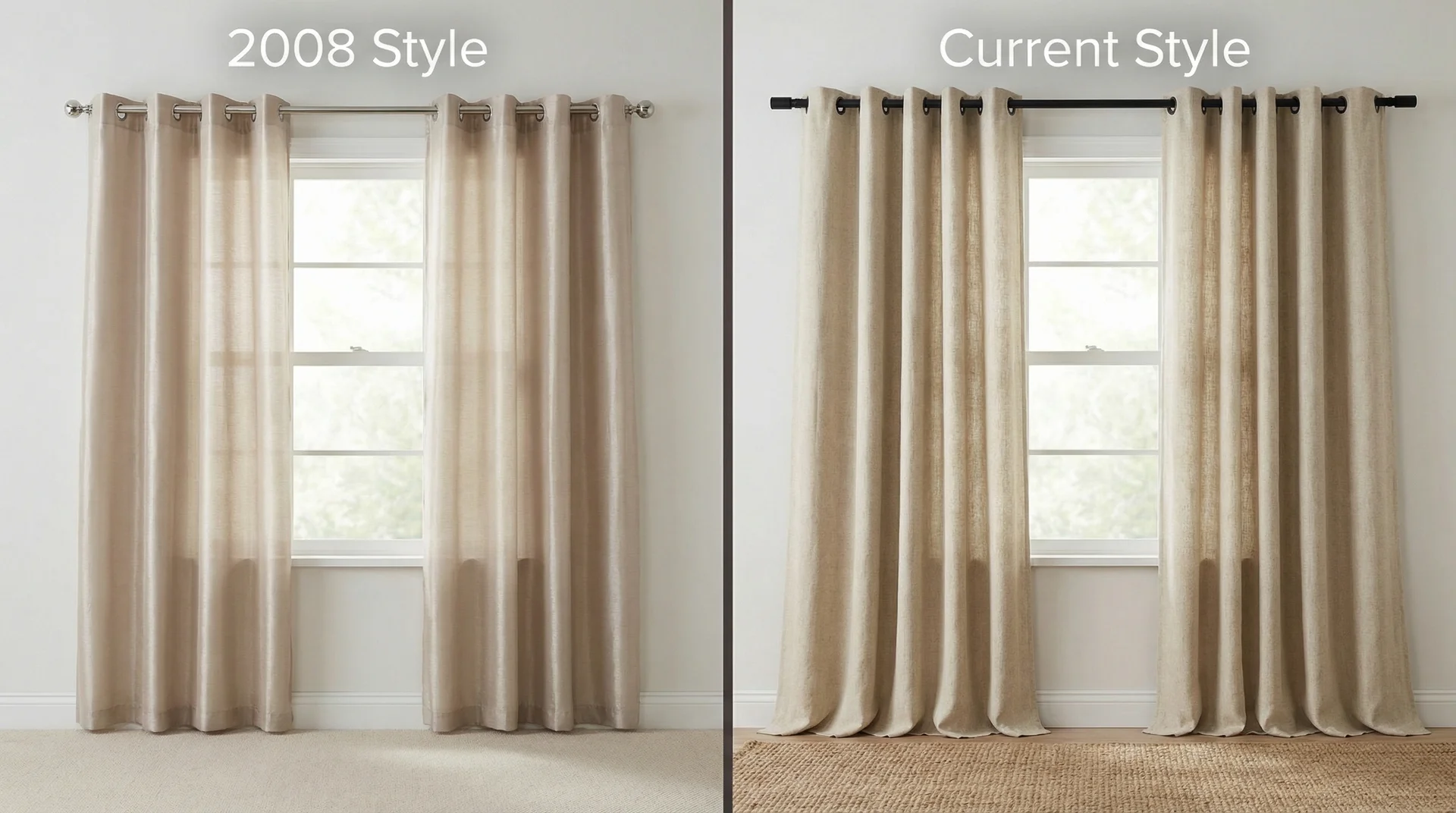 Side-by-side comparison of dated chrome grommet curtains versus current matte black ring linen curtains
