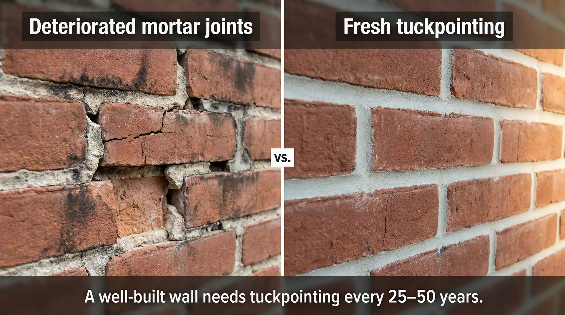 Side-by-side comparison of deteriorated crumbling mortar joints versus freshly tuckpointed clean mortar joints
