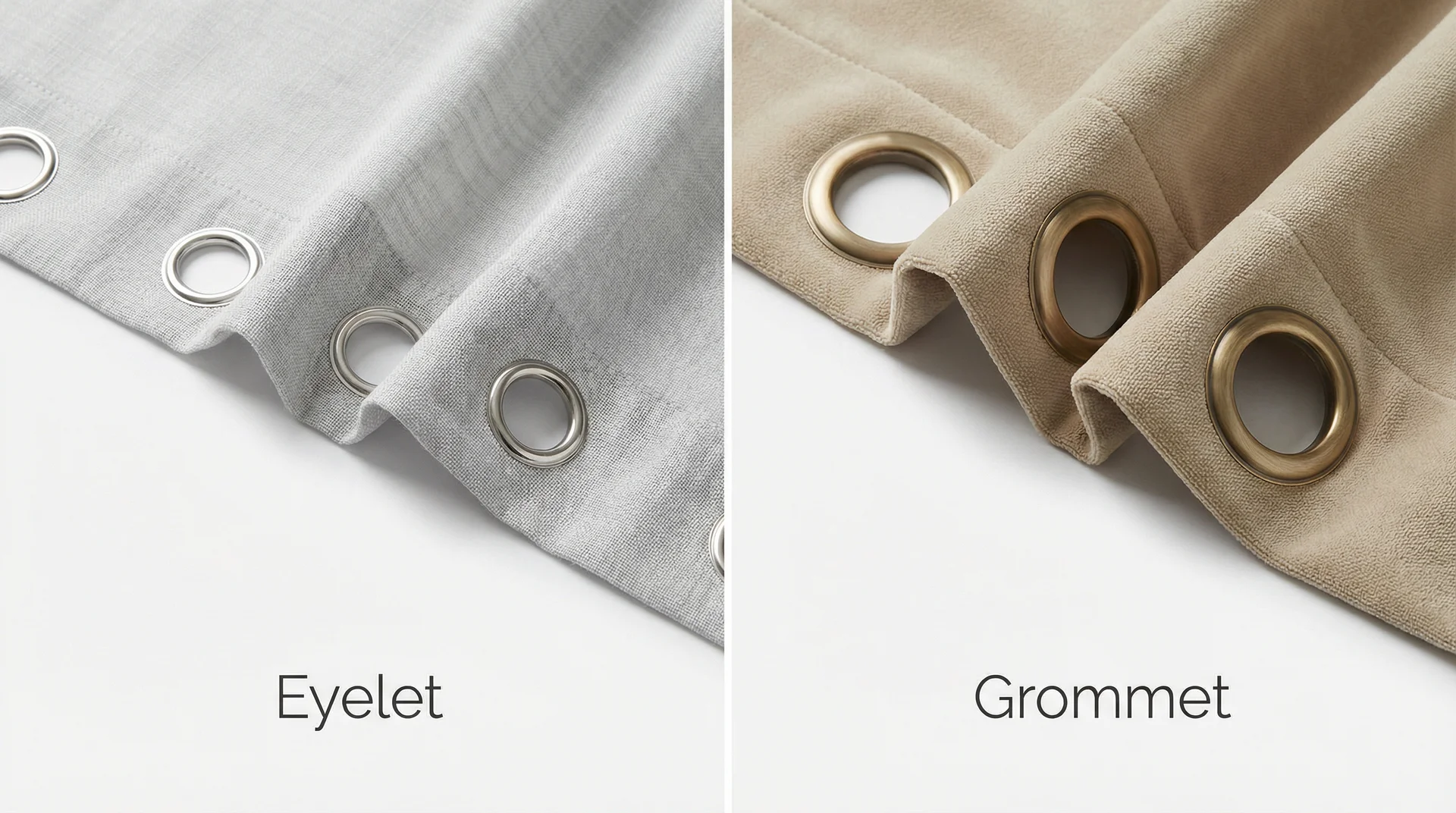 Side-by-side comparison of eyelet curtain heading with small rings versus grommet heading with large brass rings 