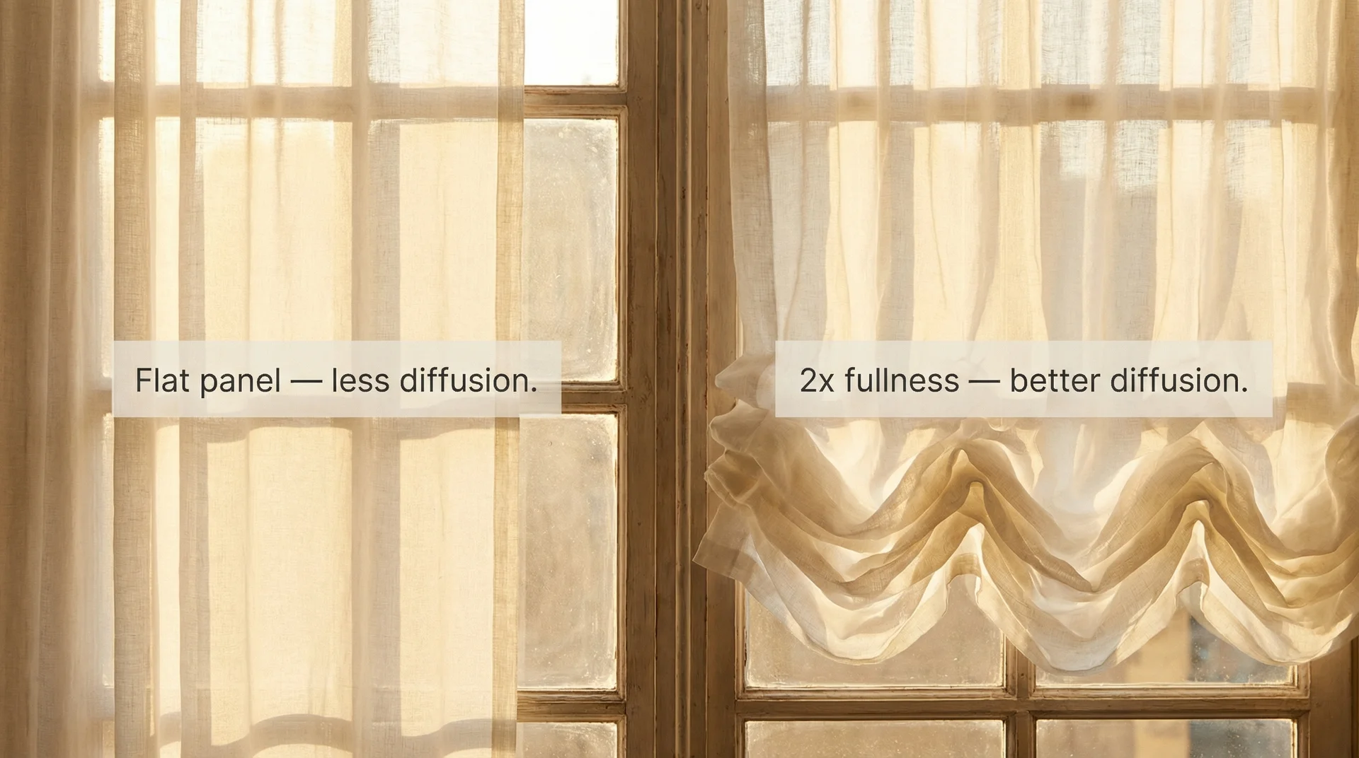 Side-by-side comparison of flat sheer curtain panel vs. full gathered panel showing diffusion difference