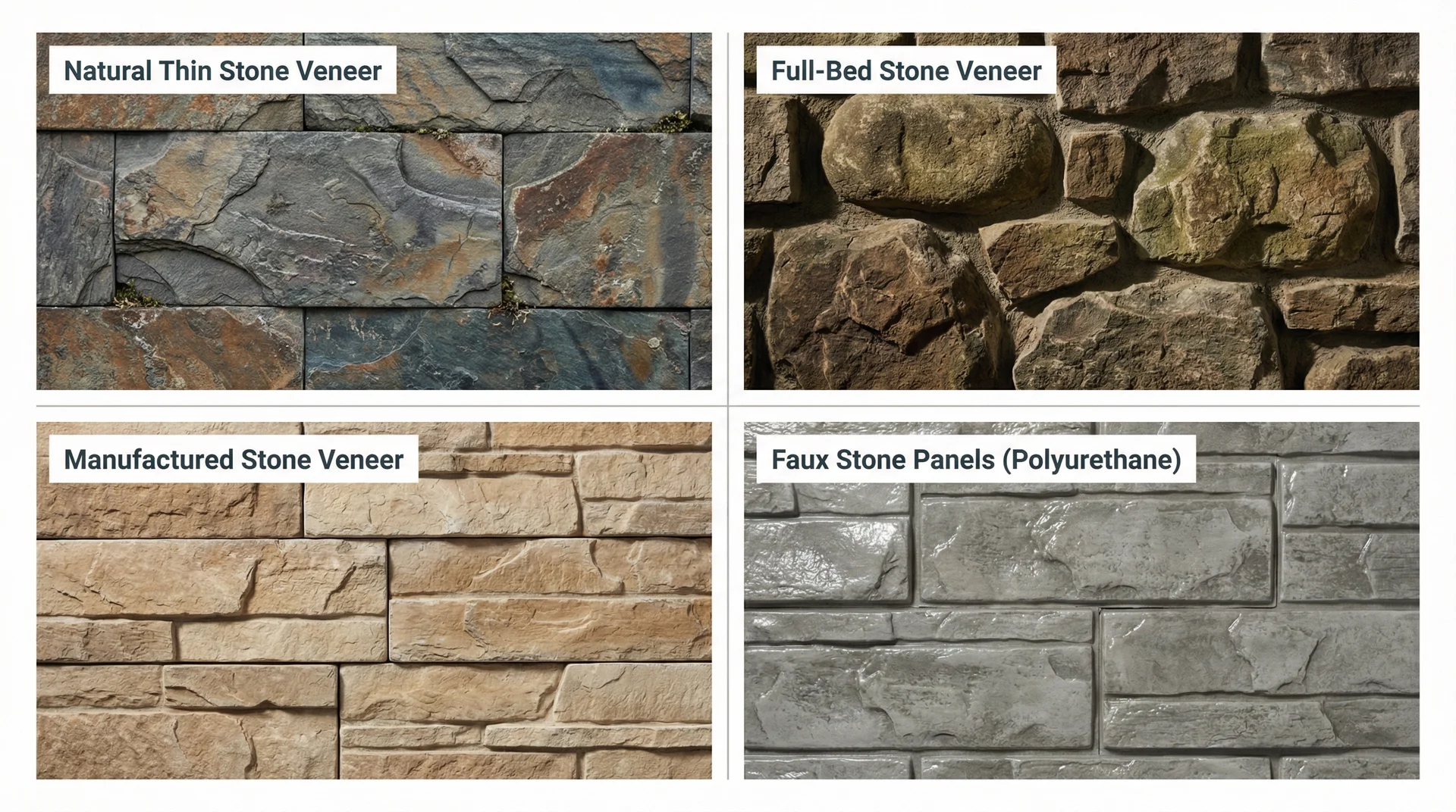 Side-by-side comparison of four stone veneer types: natural thin stone, full-bed, manufactured, and faux polyurethane panels