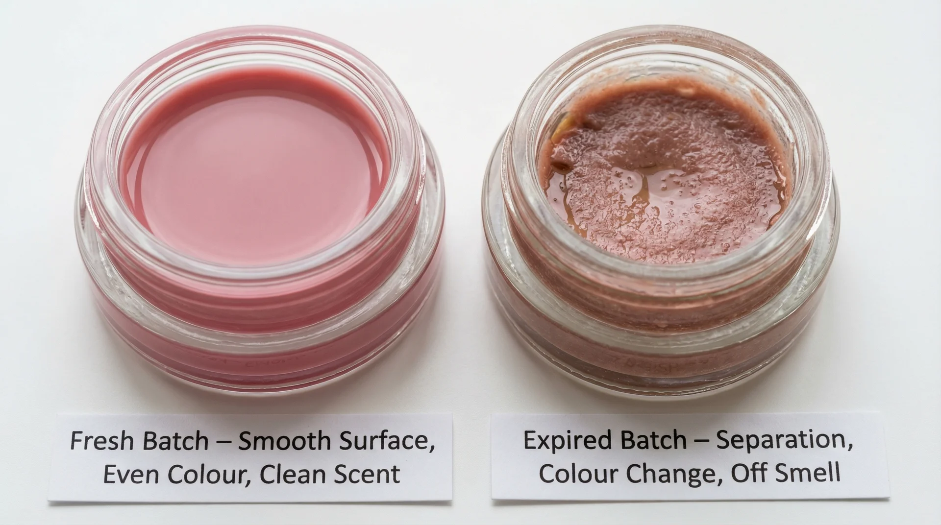 Side-by-side comparison of fresh and expired homemade lip gloss showing colour change, separation, and surface texture differences