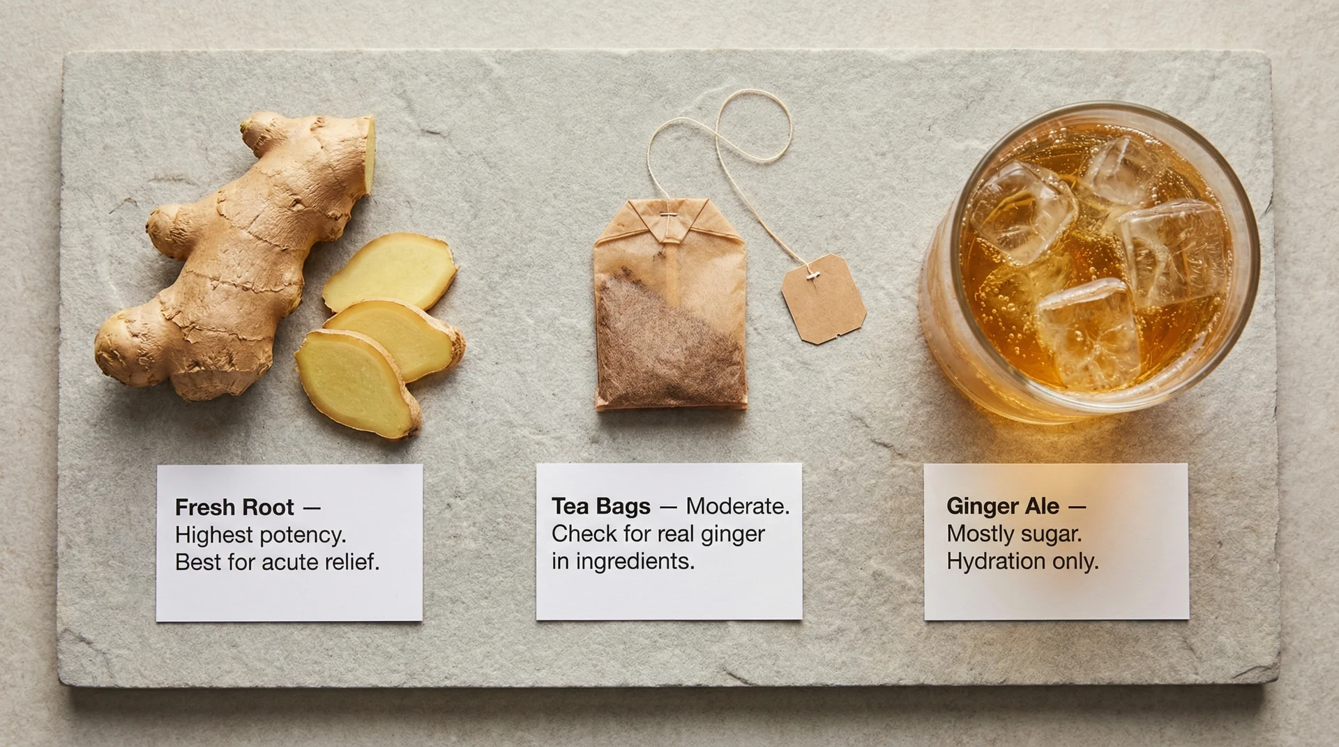 Side-by-side comparison of fresh ginger root, ginger tea bag, and ginger ale showing potency differences for sore throat
