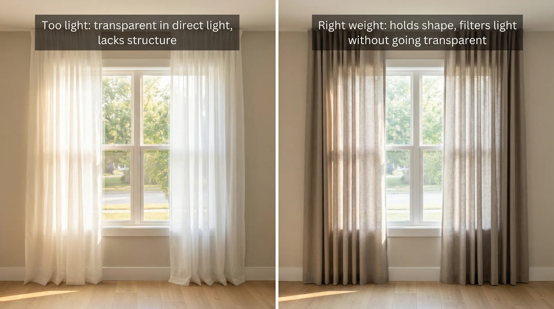 Side-by-side comparison of lightweight sheer curtains going transparent
versus medium-weight linen holding structure on a large window.
