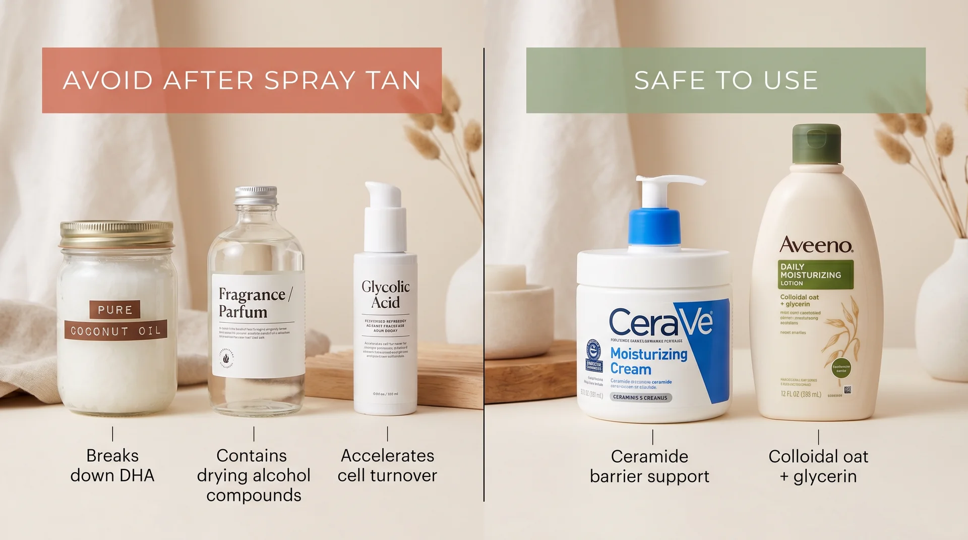 Side-by-side comparison of lotion ingredients to avoid versus use after a spray tan