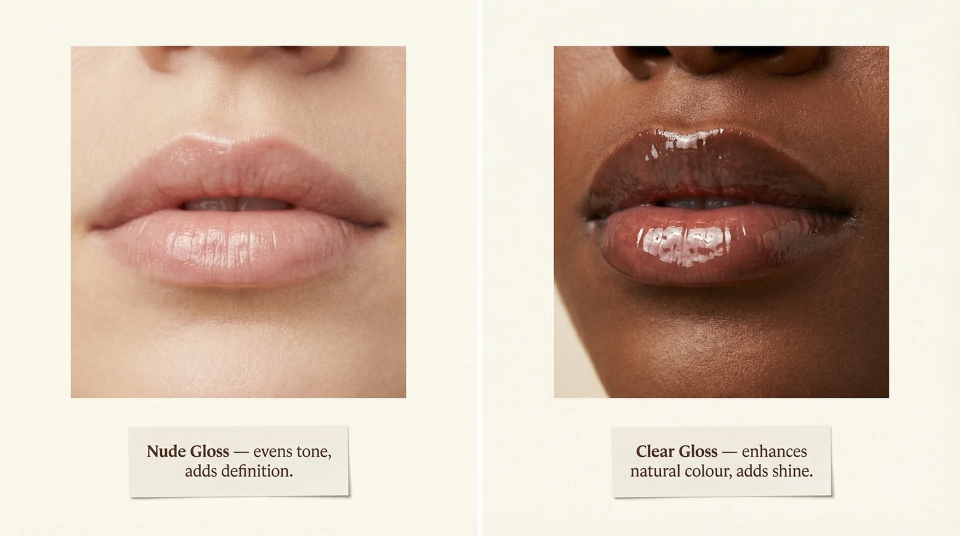 Side-by-side comparison of nude lip gloss on pale lips and clear gloss on naturally pigmented lips
