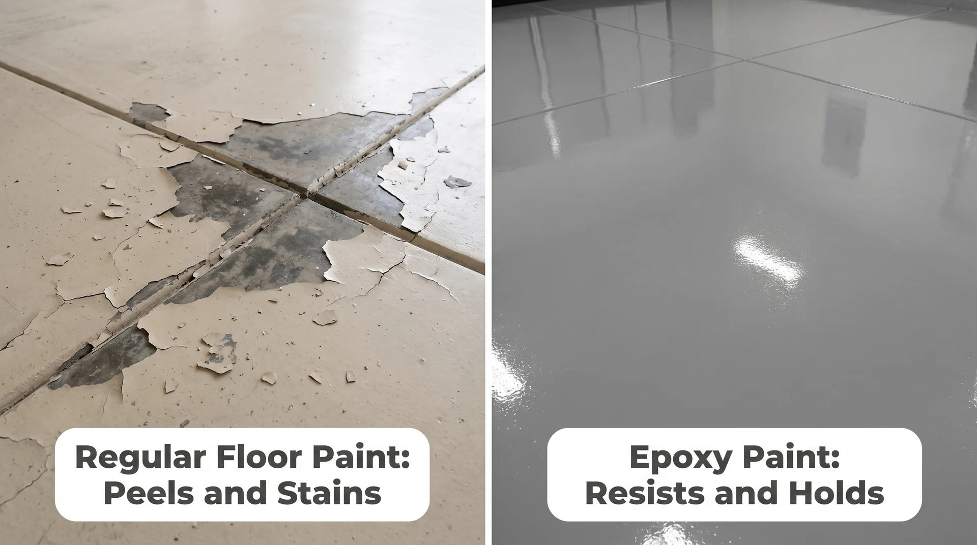 Side-by-side comparison of peeling regular floor paint versus a smooth, intact epoxy-painted concrete garage floor