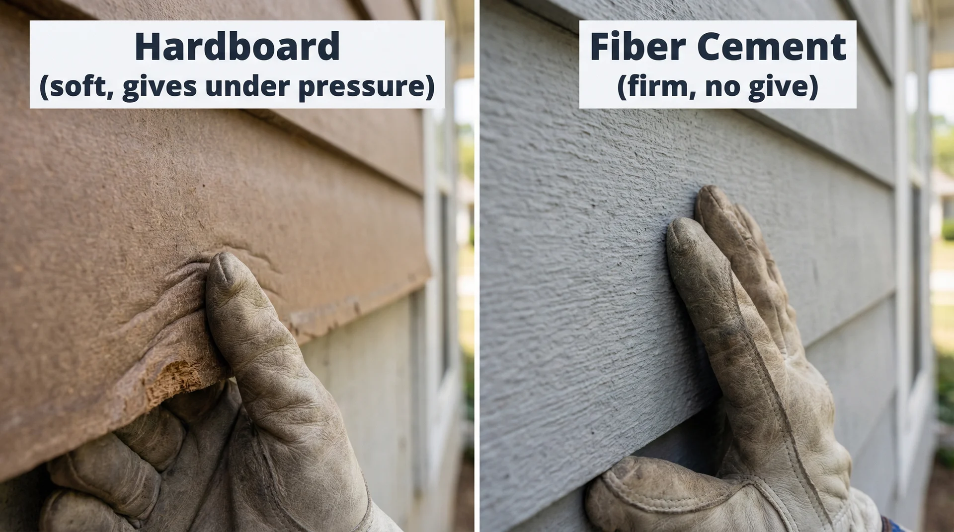 Side-by-side comparison of pressing hardboard siding versus fiber cement siding to test firmness
