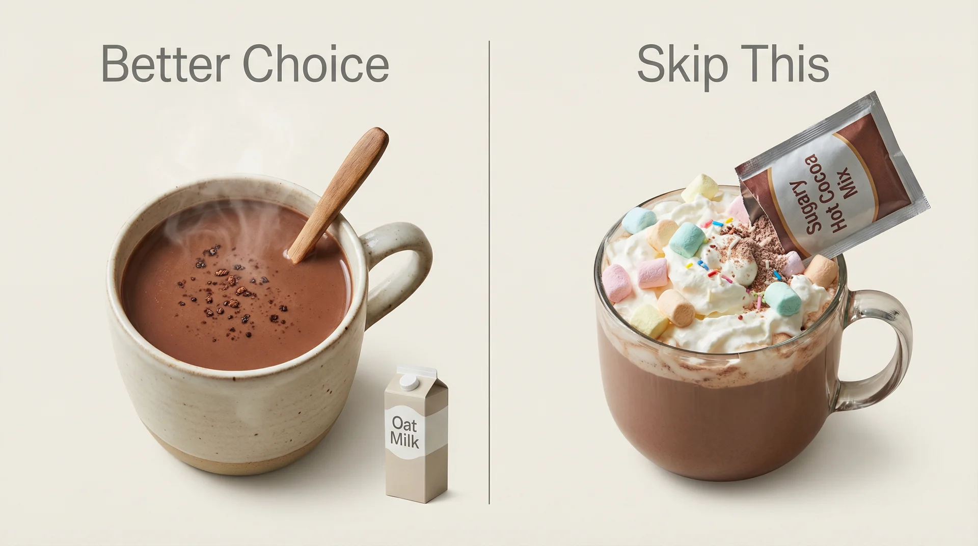 Side-by-side comparison of sore-throat-friendly dark cocoa versus sugary hot chocolate mix to avoid