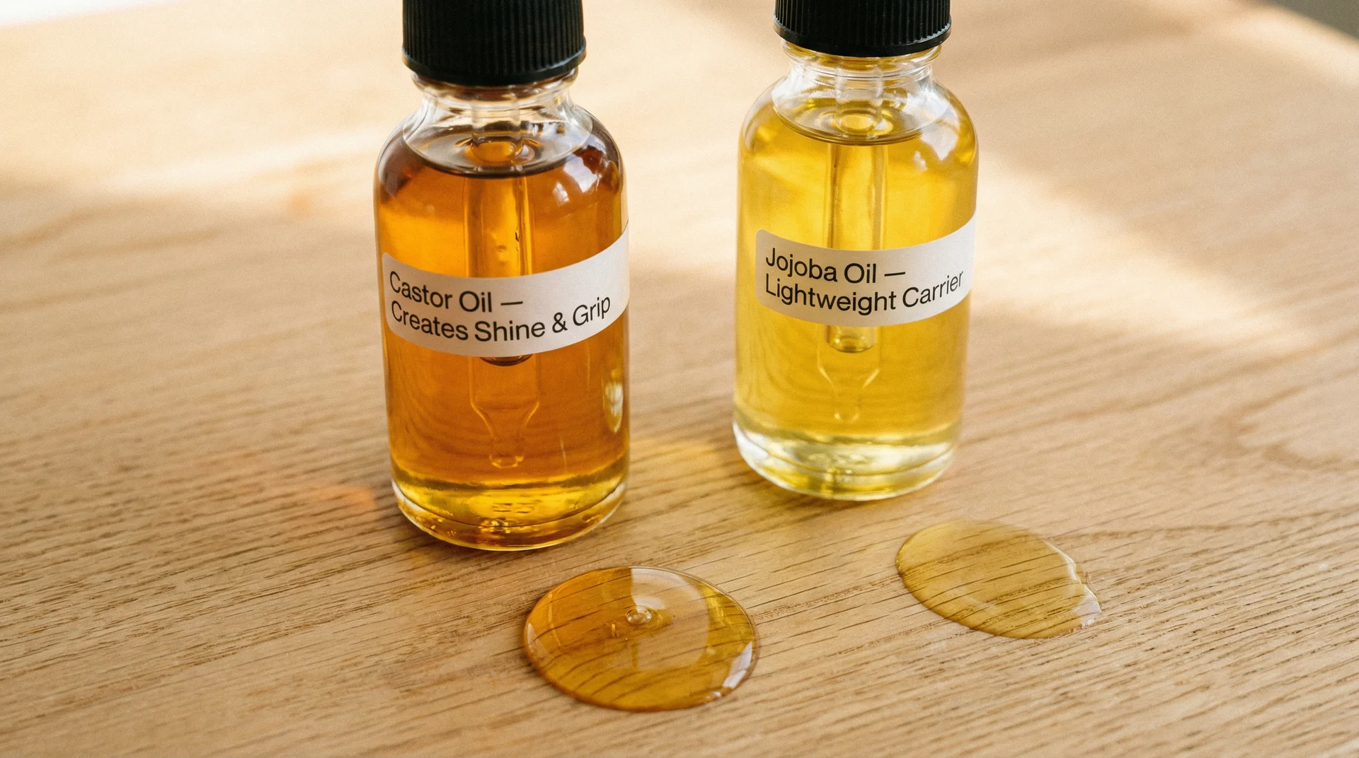 Side-by-side comparison of thick castor oil and thin jojoba oil in dropper bottles showing viscosity difference for lip gloss
