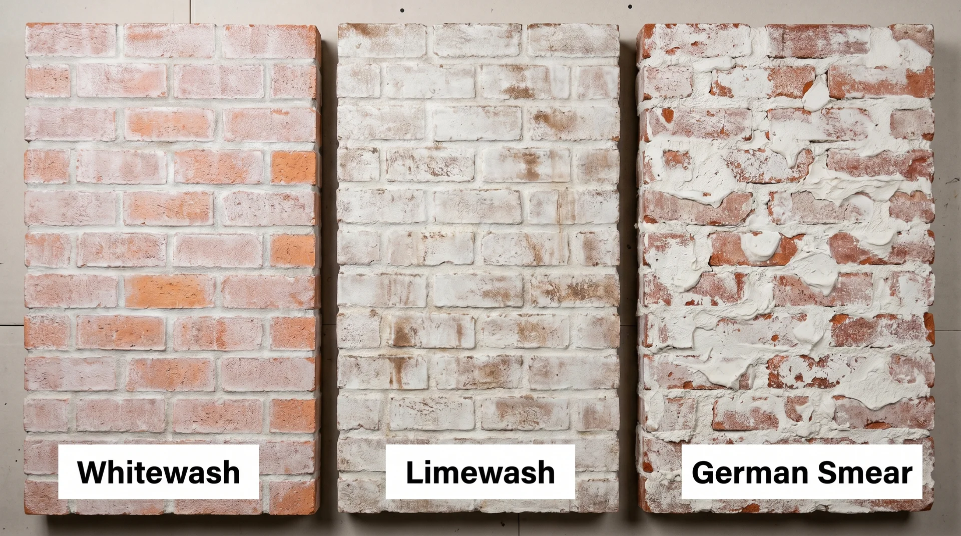 Side-by-side comparison of three brick finishes: whitewash on left, limewash center, and German smear on right