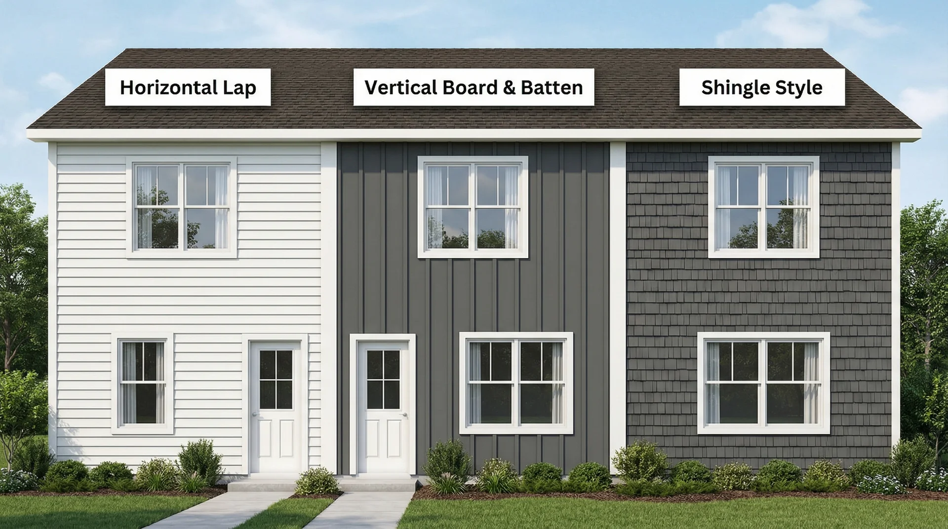 Side-by-side comparison of three siding styles on one home: horizontal lap, vertical board and batten, and shingle siding