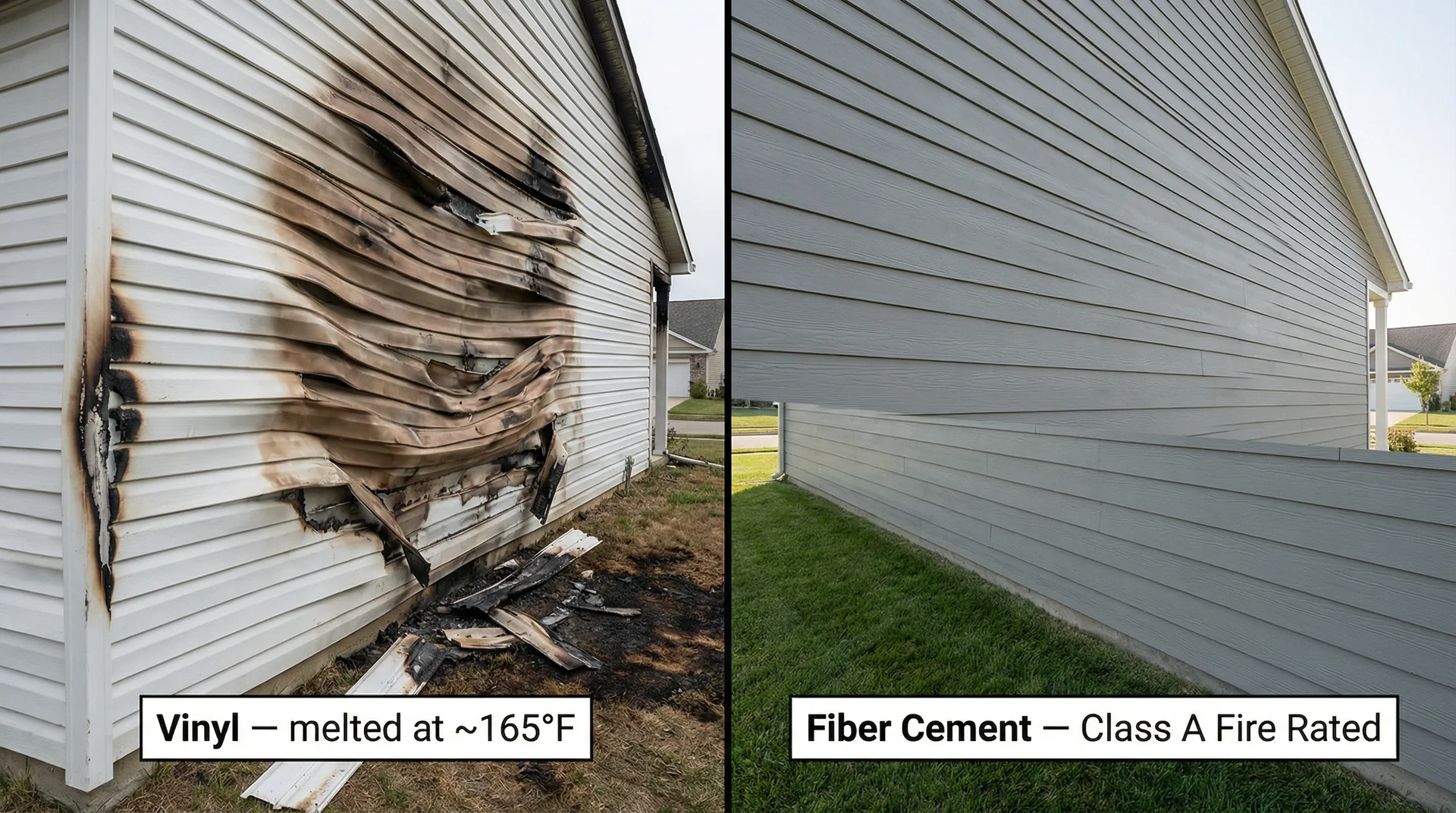 Side-by-side comparison of vinyl siding melted by wildfire heat vs. intact fiber cement siding