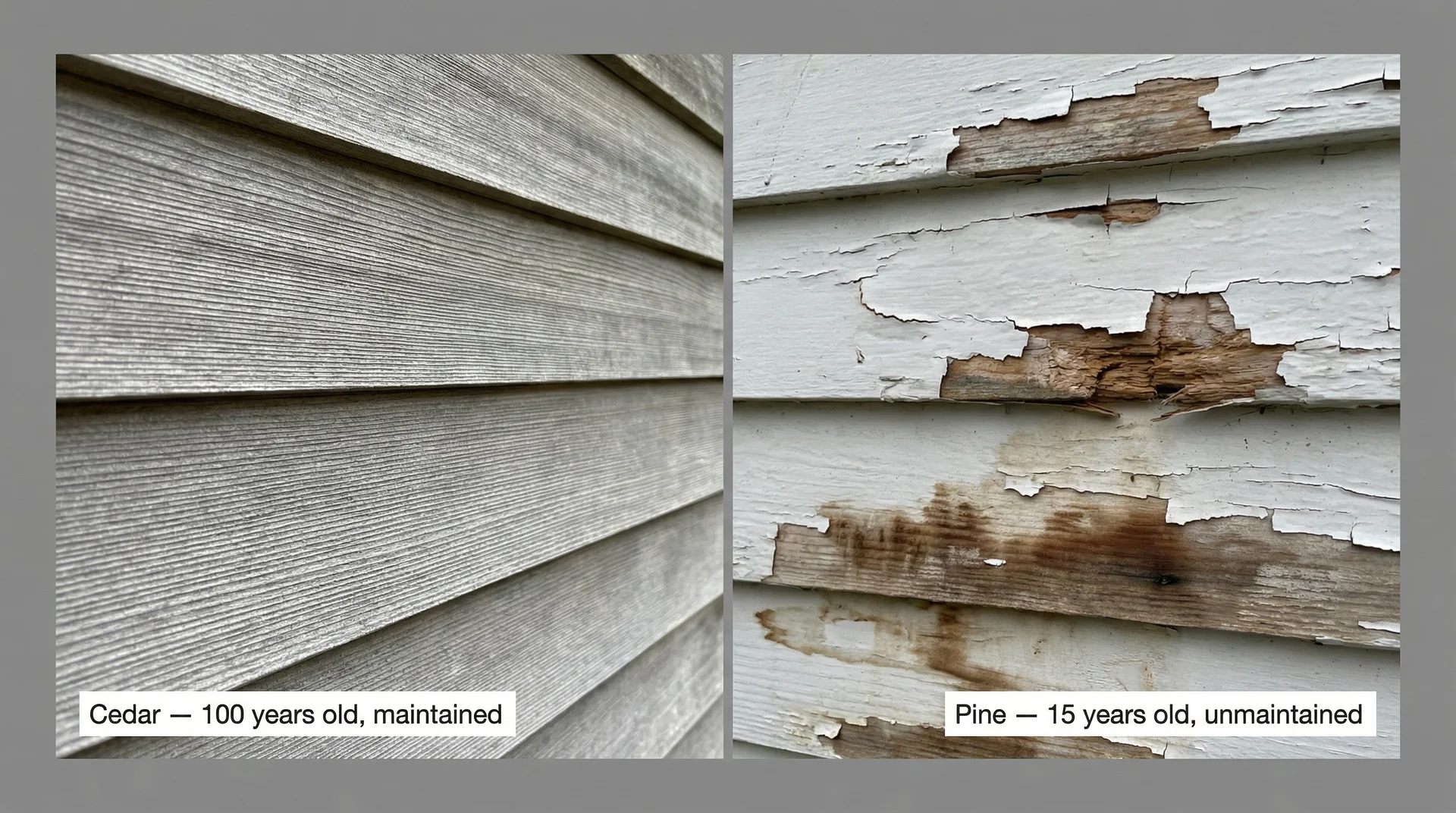 Side-by-side comparison of well-maintained 100-year-old cedar siding vs. failed 15-year-old pine siding
