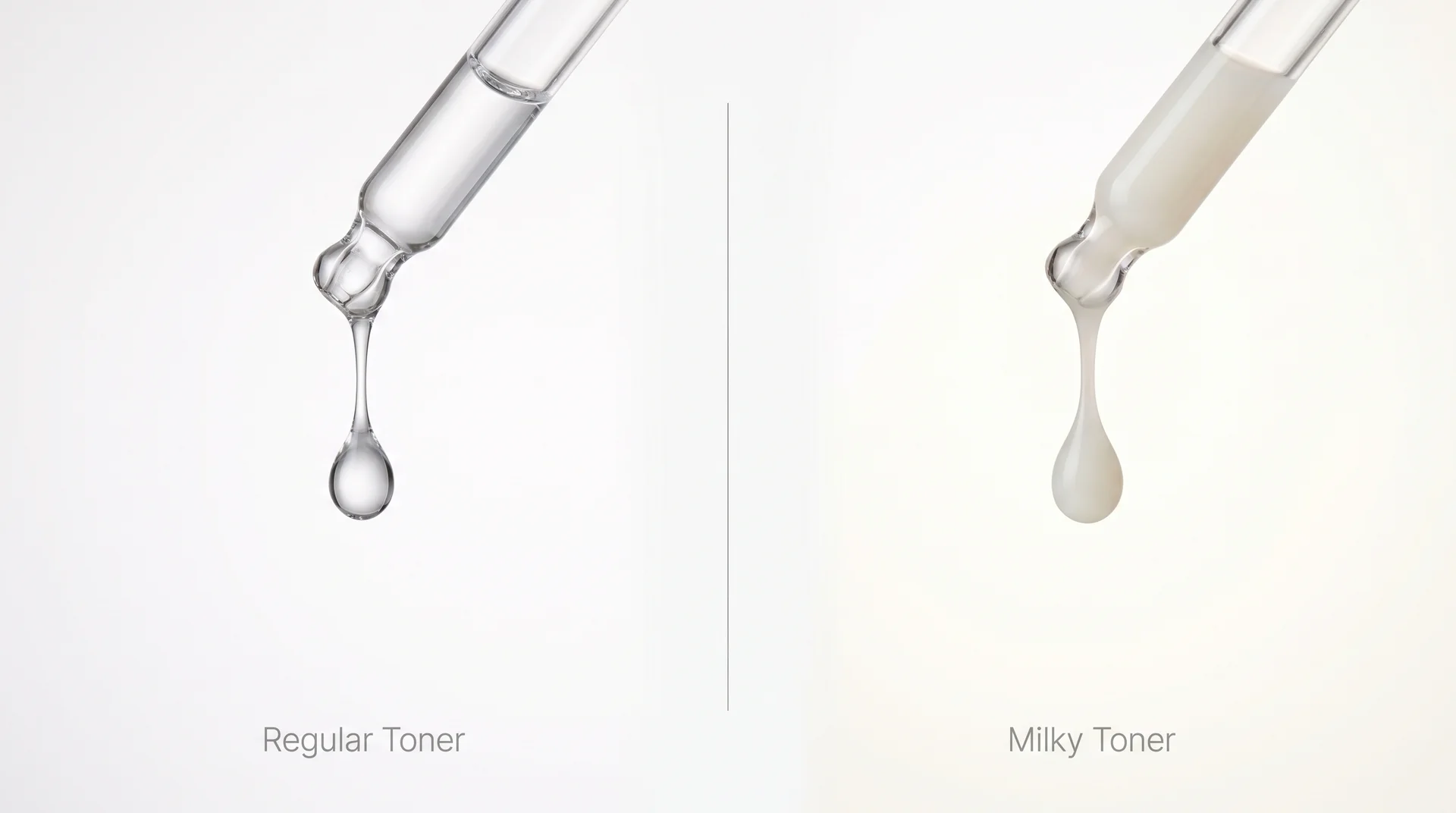 Side-by-side comparison showing clear watery toner drop versus opaque Korean milky toner drop
