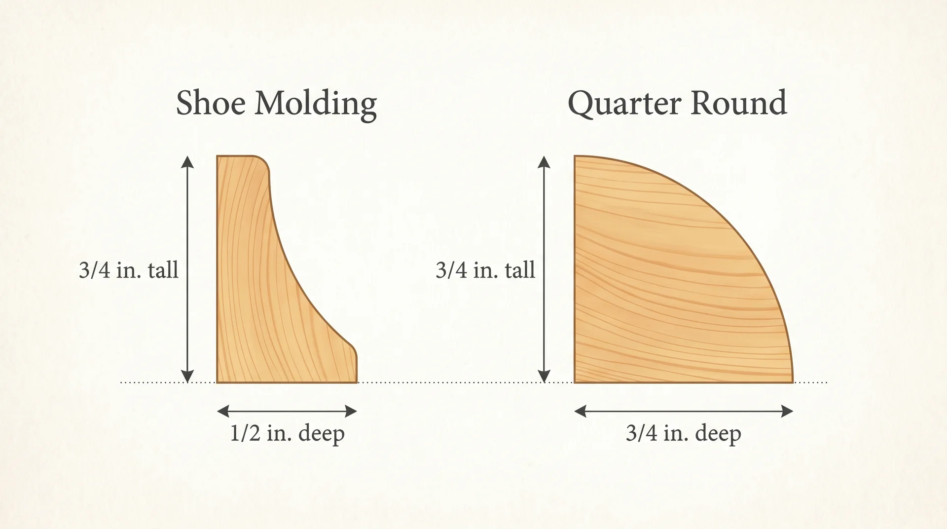 Side-by-side cross-section diagram comparing shoe molding and quarter round profiles with labeled dimensions