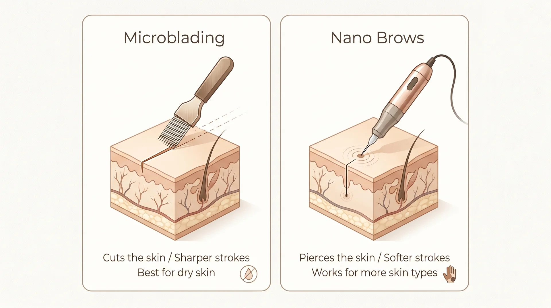 Side-by-side diagram comparing microblading blade tool and nano brows machine needle technique

