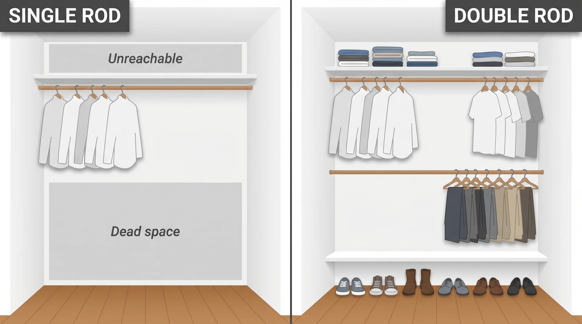 Side-by-side diagram of single-rod closet showing dead zones versus a double-rod closet with maximized hanging space