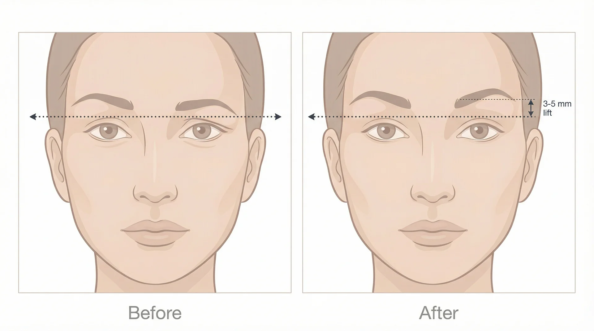 Side-by-side diagram showing brow position before and after a thread lift with 3 to 5mm lift marked
