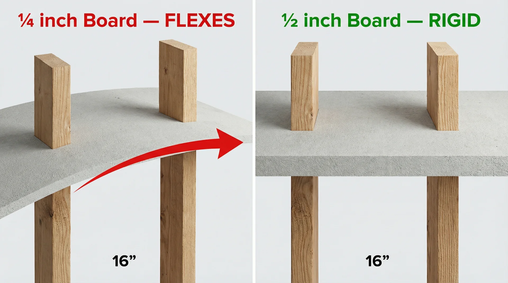 Side by side diagram showing quarter inch cement board flexing versus half inch board staying rigid between 16 inch studs
