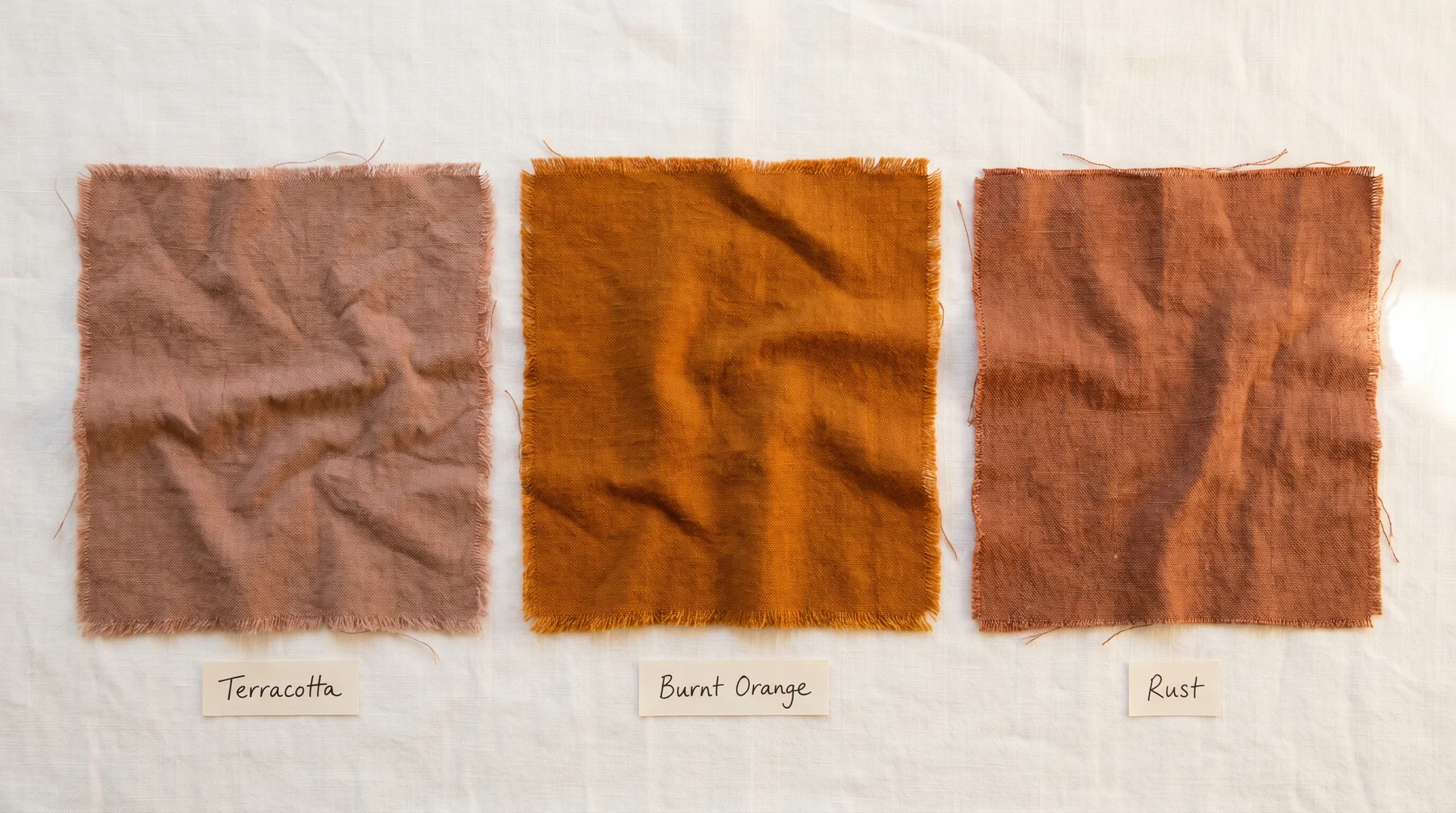 Side-by-side fabric swatches comparing terracotta, burnt orange, and rust colour tones for bedroom decor 