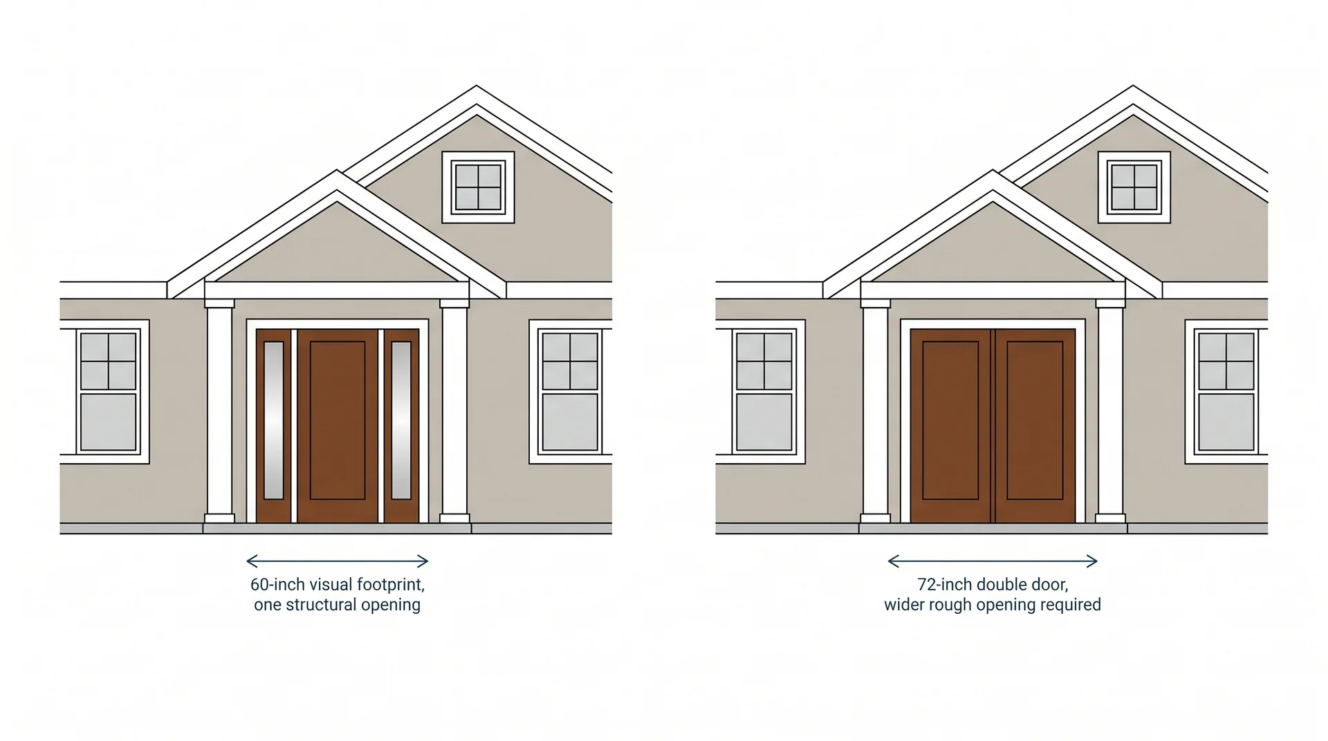 Side-by-side facade comparison of a single door with sidelights versus a true 72-inch double door on the same home front
