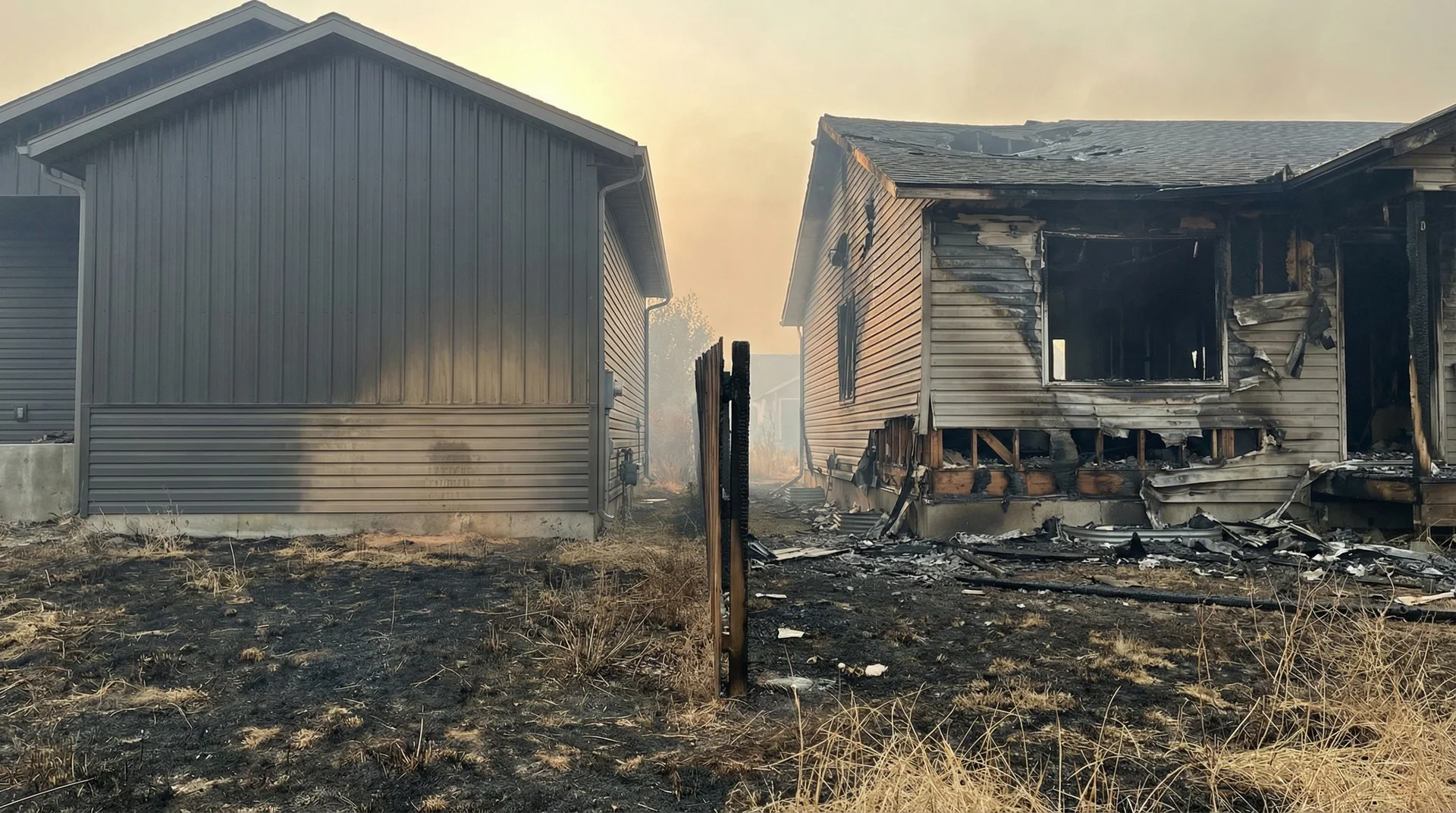 Side-by-side homes after wildfire: intact steel-sided house beside burned vinyl-sided house showing fire resistance
