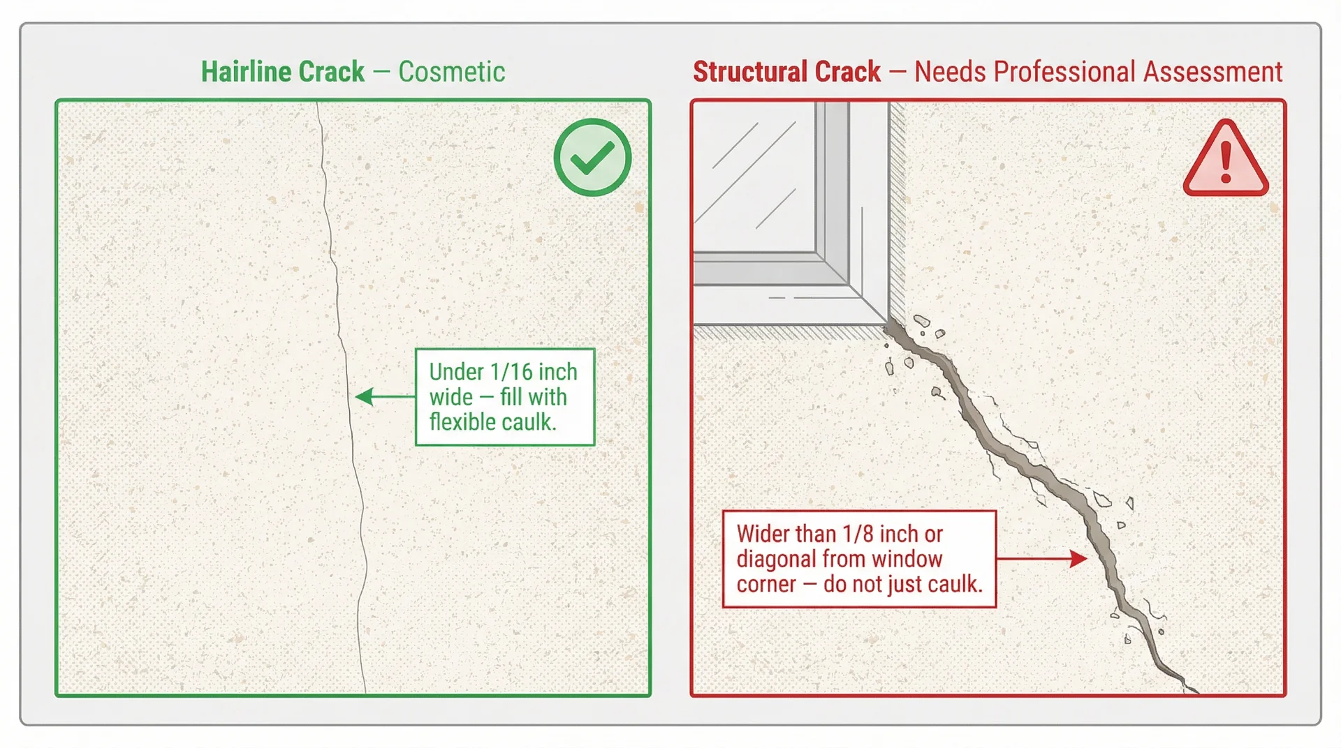 Side-by-side illustration showing hairline cosmetic stucco crack versus wide structural diagonal crack requiring professional review
