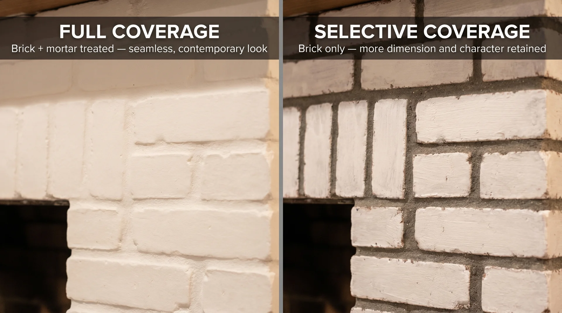Side by side of limewash applied over mortar lines left for a seamless look versus selective brick-only application right