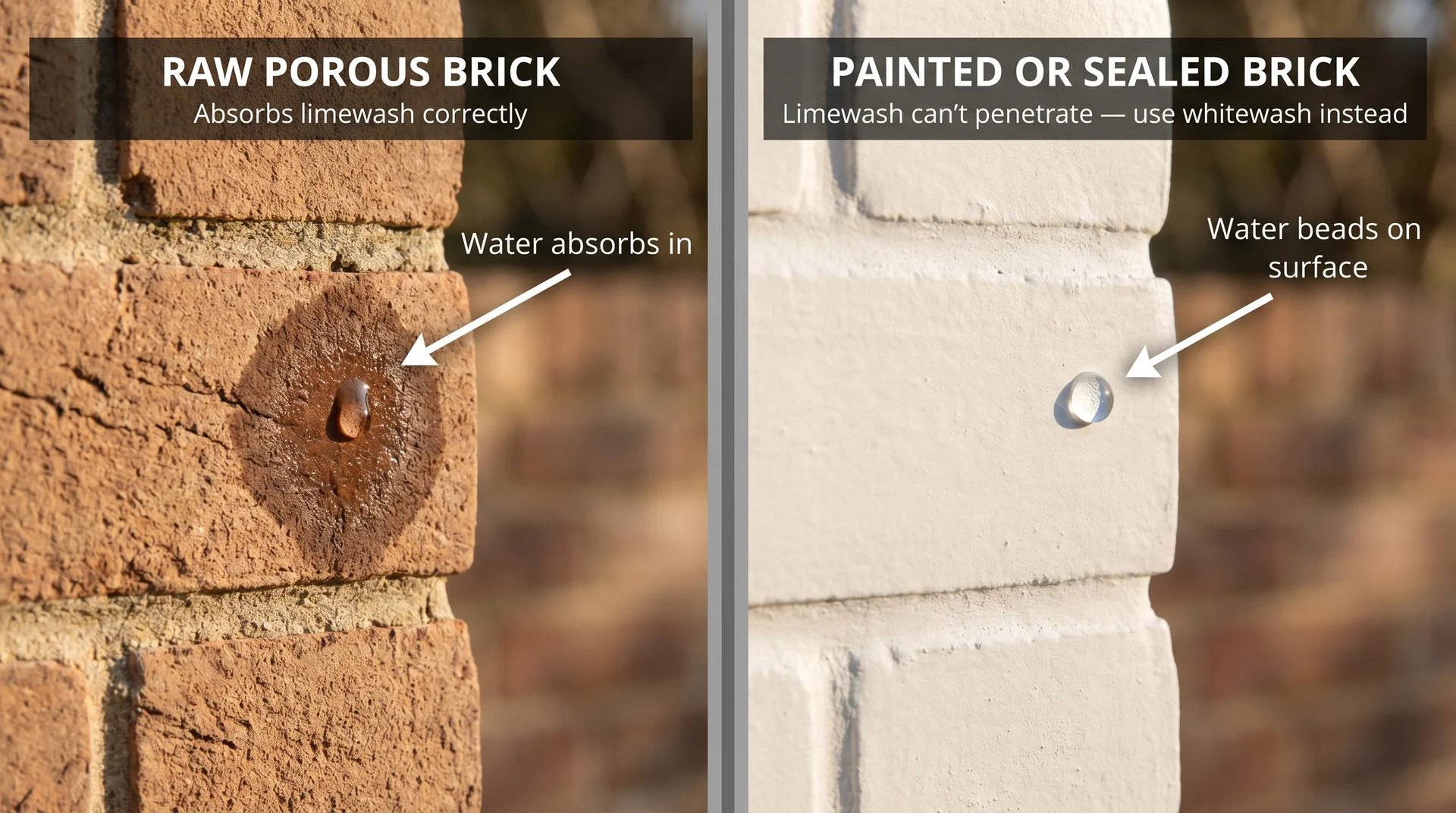 Side by side of porous unpainted brick absorbing water left versus painted sealed brick beading water right
