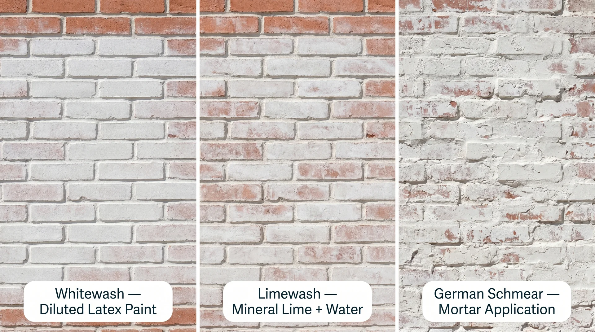 Side-by-side of whitewash, limewash, and German schmear on the same red brick with labeled finish descriptions and technique names