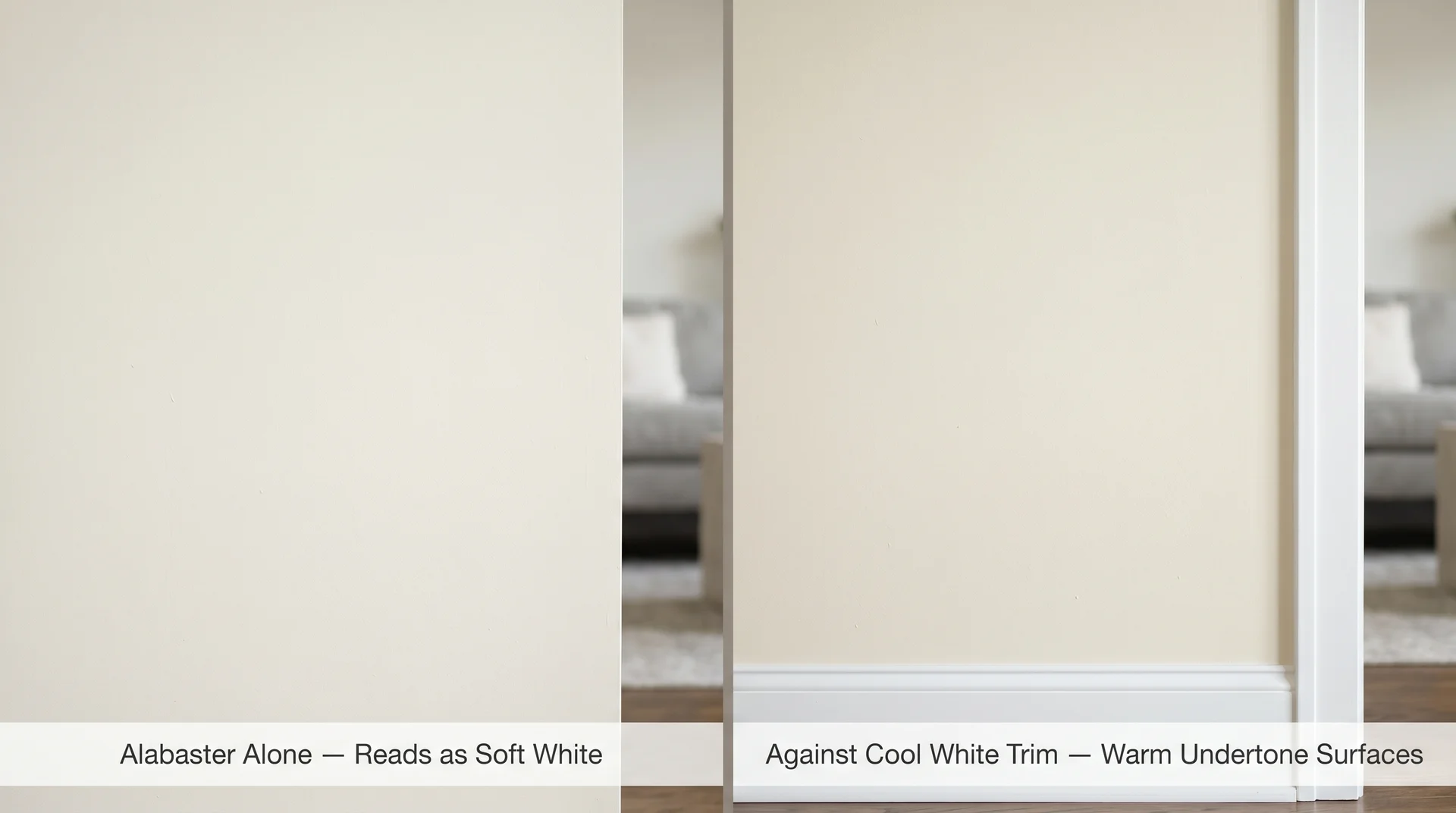 Side-by-side showing Alabaster paint alone versus next to cool white trim, illustrating when warm undertones appear