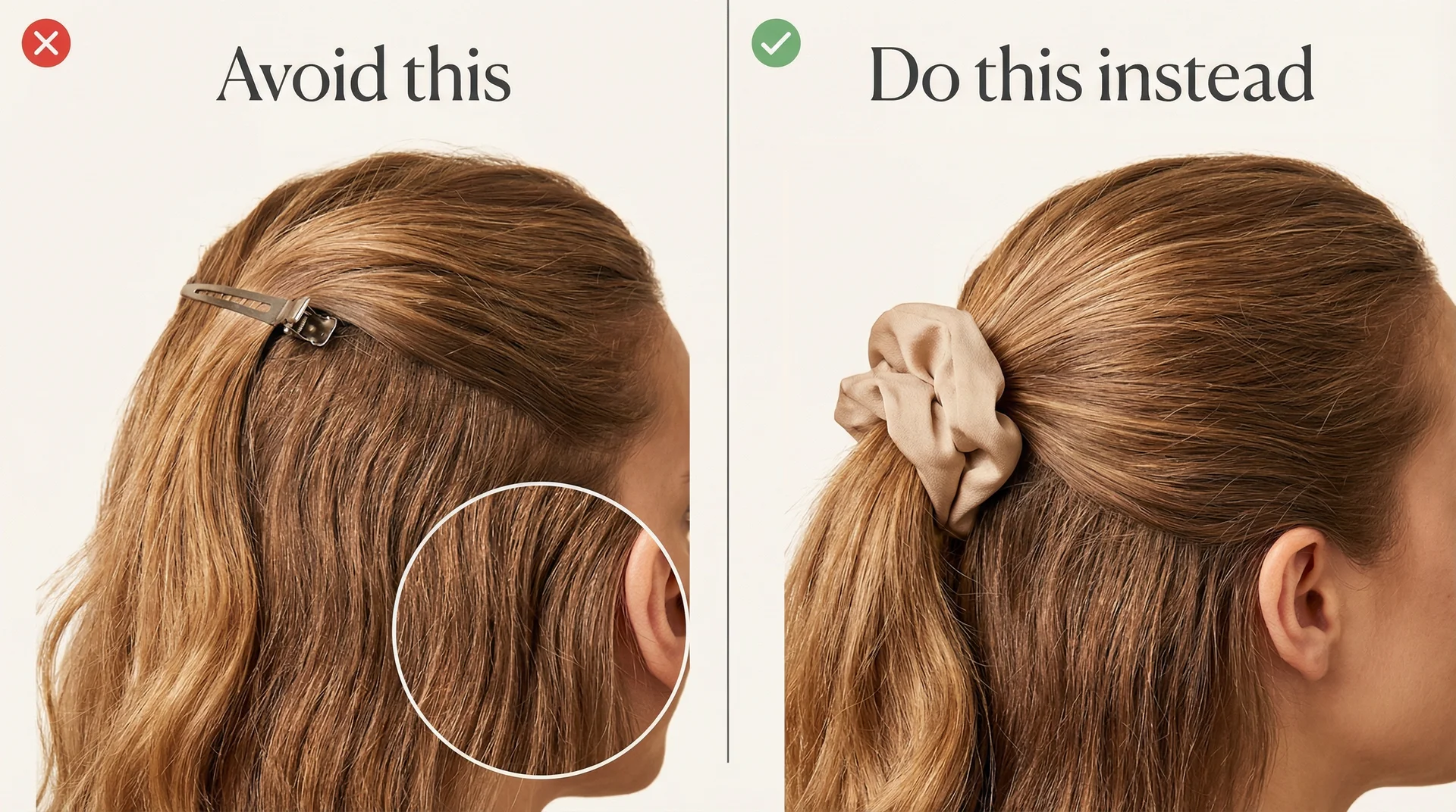 Side-by-side showing metal clip leaving a crease in hair versus a soft scrunchie leaving hair smooth before styling