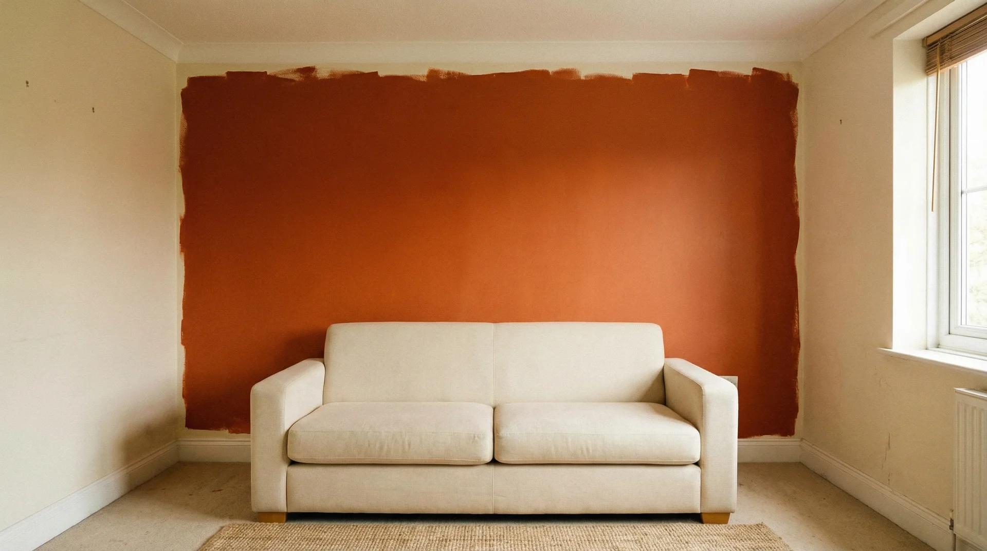 Single burnt orange accent wall behind a plain cream sofa in an otherwise neutral room showing the before-and-after contrast