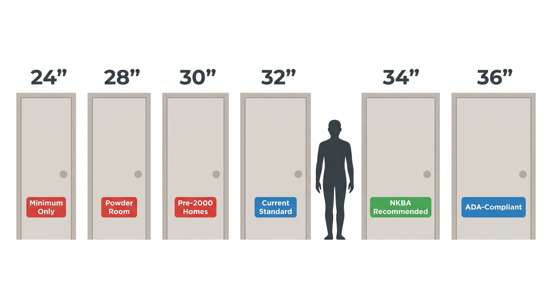 Six bathroom door widths from 24 to 36 inches side by side with scale silhouette and labeled use-case tags per width