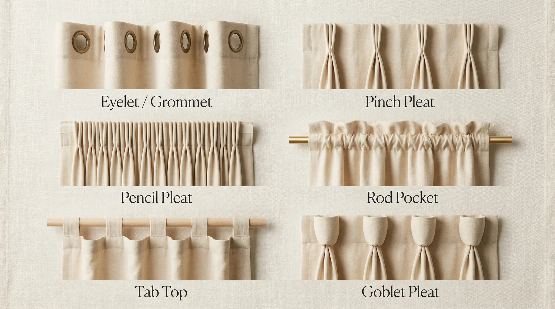 Six curtain heading styles labeled: eyelet, pinch pleat, pencil pleat, rod pocket, tab top, goblet pleat