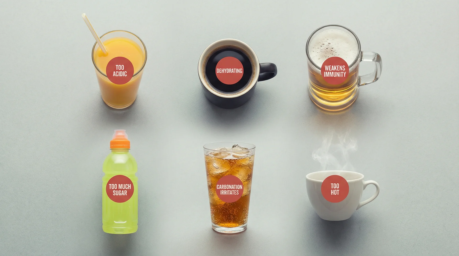 Six drinks to avoid with a sore throat including orange juice, coffee, alcohol, soda, and sports drinks