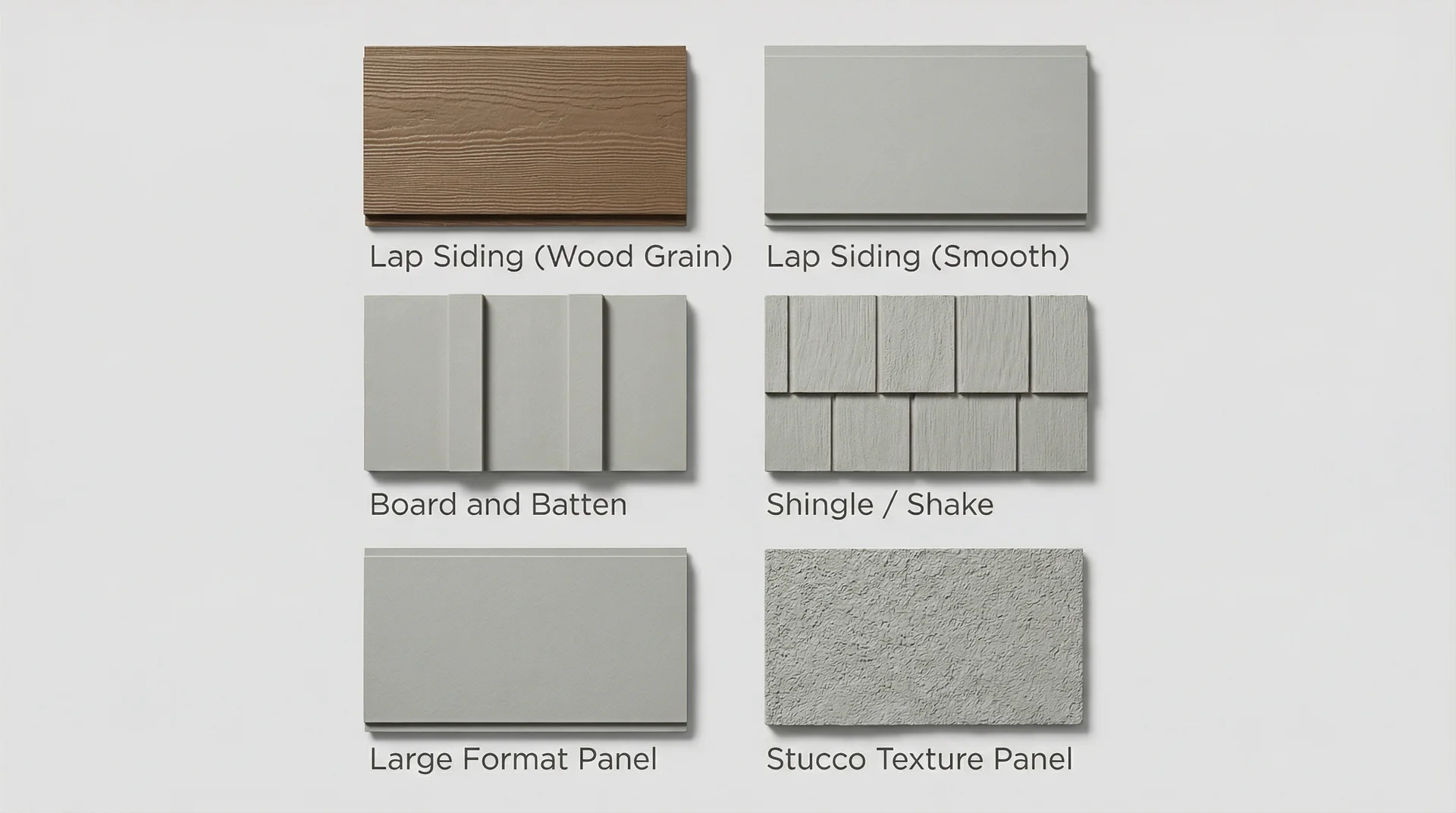 Six fiber cement siding profile styles: lap, board-and-batten, shingle, large panel, and stucco texture
