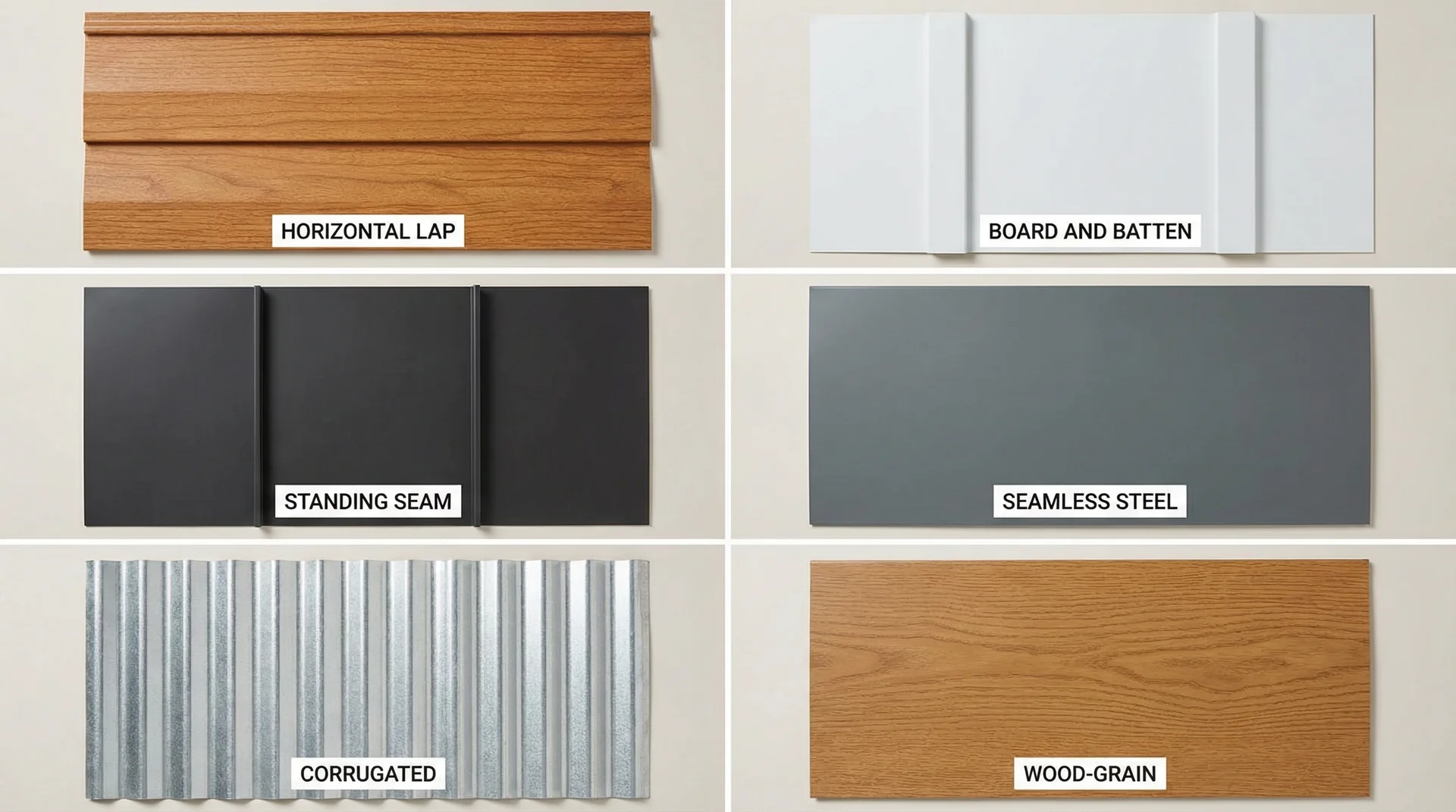 Six metal siding profiles: horizontal lap, board and batten, standing seam, seamless, corrugated, wood-grain
