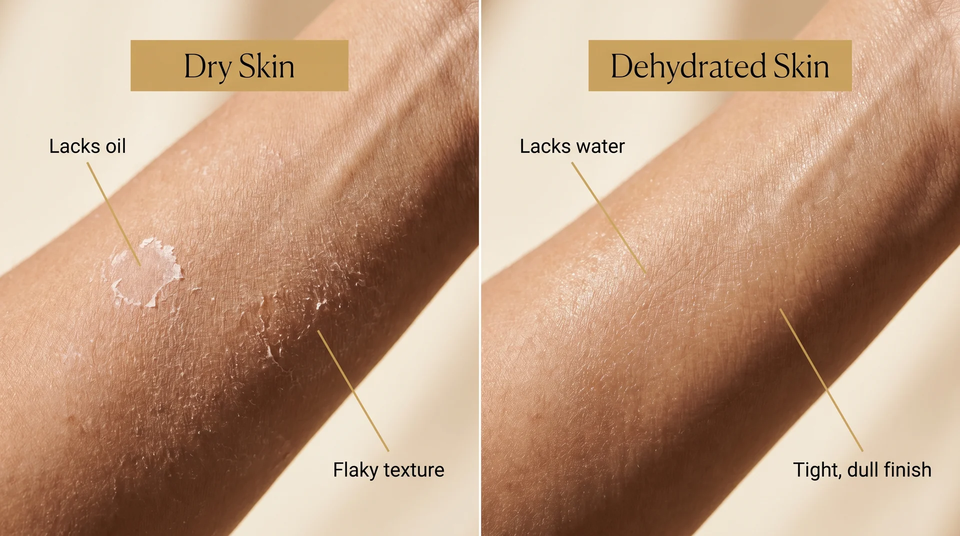 Skin close-up split: dry with visible flaking on left, dehydrated looking tight and dull on right, each labeled