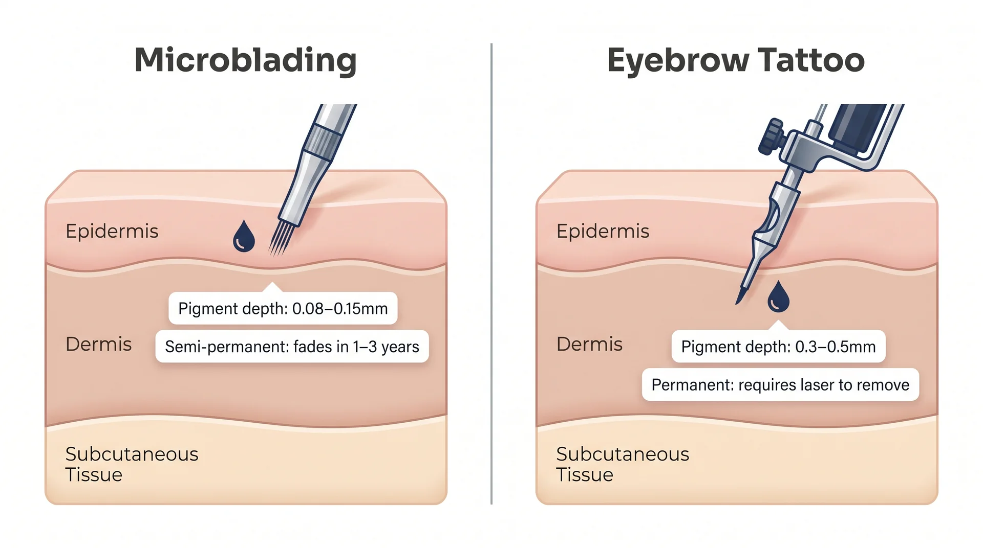 Skin layer diagram showing microblading pigment stopping in epidermis versus eyebrow tattoo ink reaching deep dermis