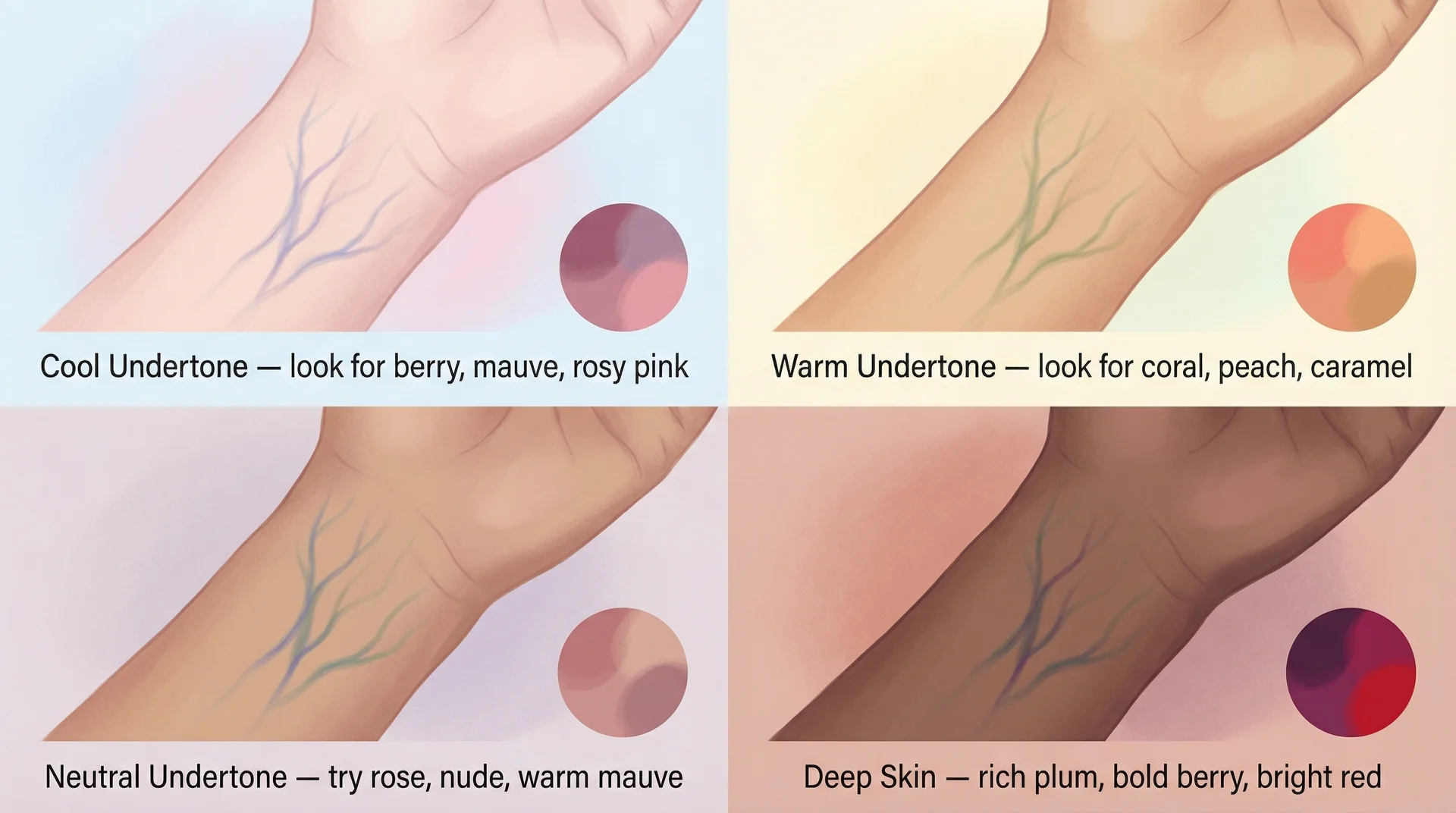 Skin undertone guide for lip gloss shades showing cool warm and neutral undertone recommended colours